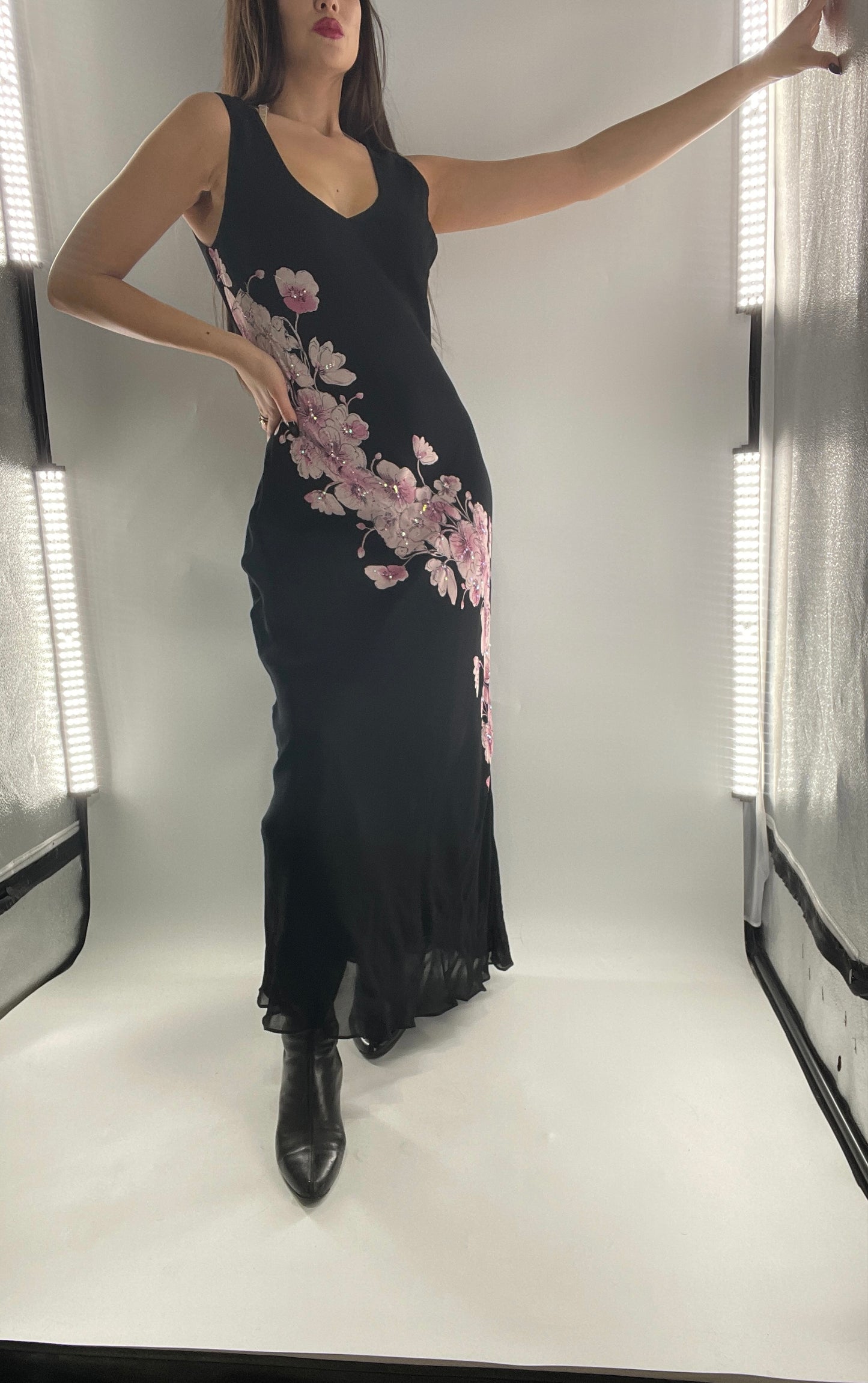 Vintage Dress Barn Black Slinky Maxi Dress with Pink Floral Graphic and Sequins (L)