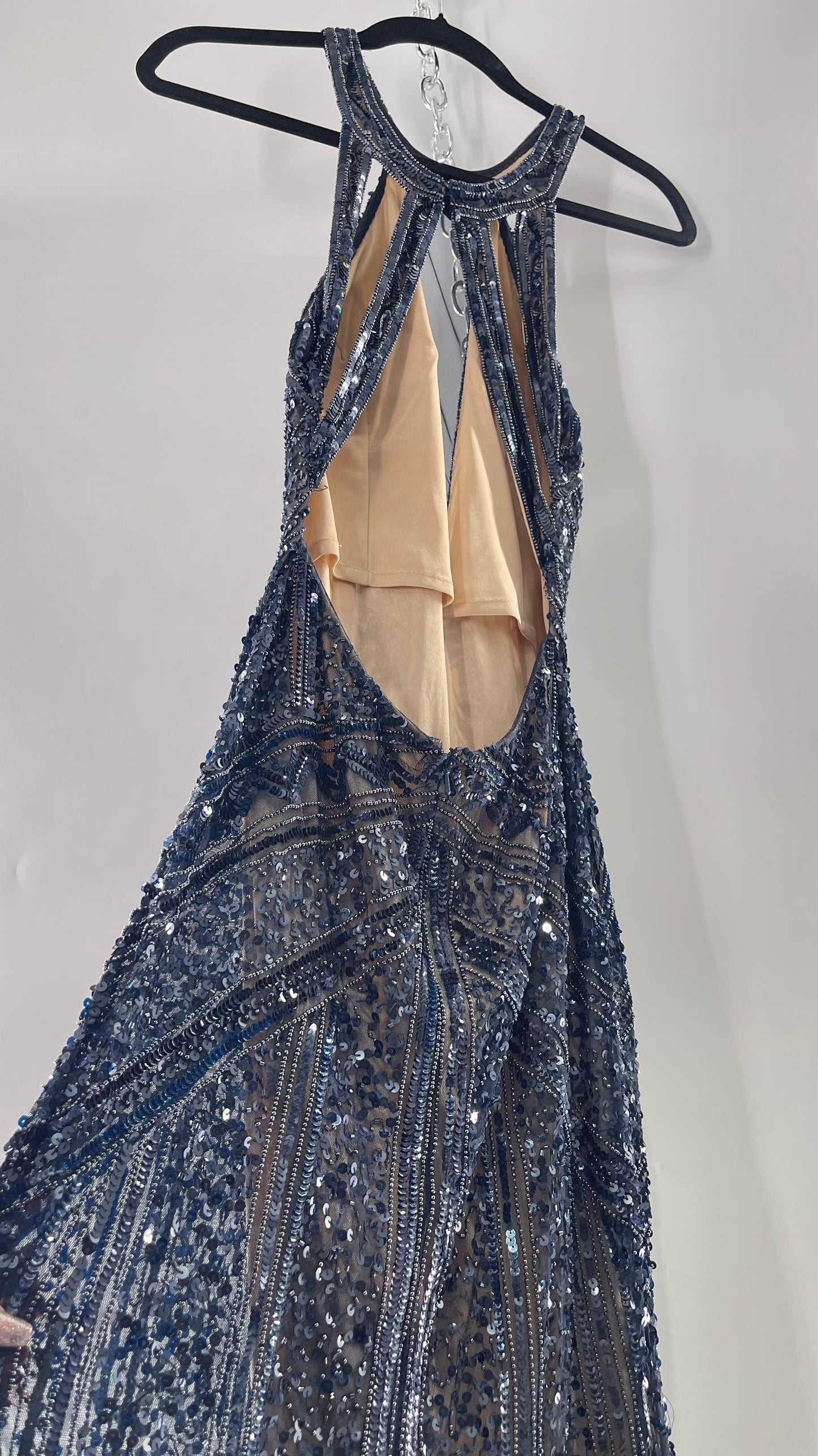 Vintage SCALA Navy Blue Beaded Floor Length Gown with Plunging Neckline, Backless Detail, and Tan Underlay (C)(4)