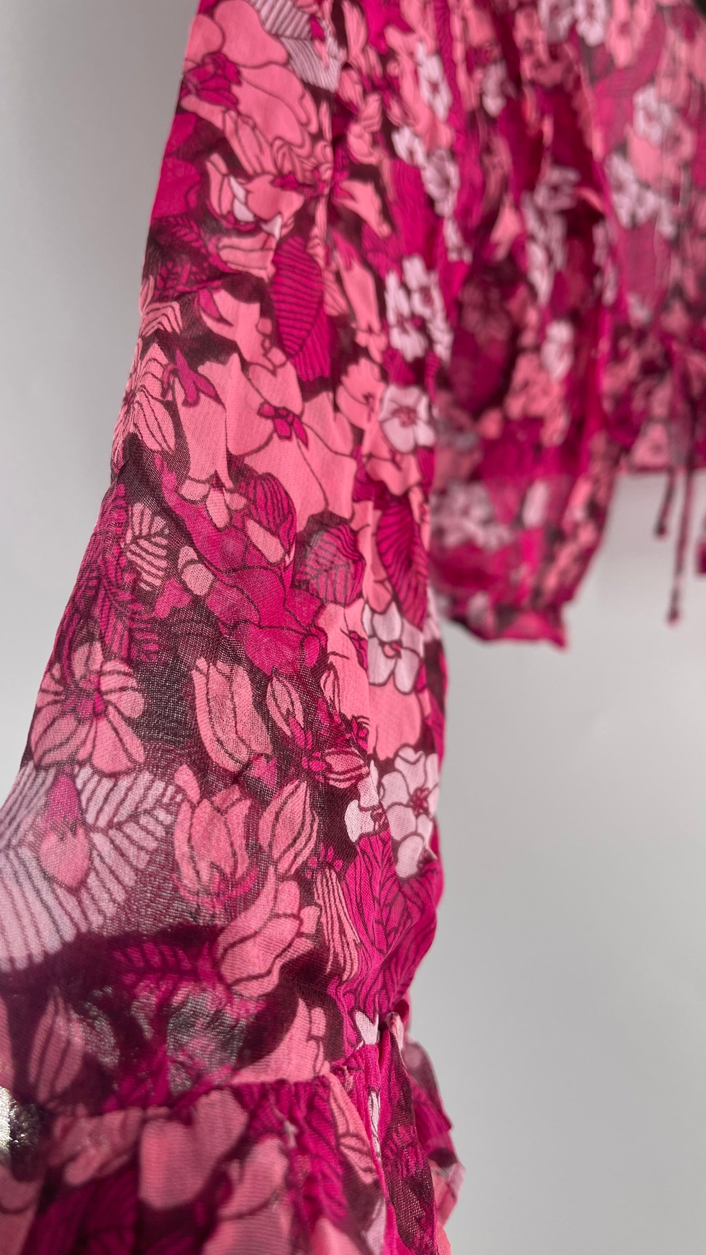Urban Outfitters Fuchsia 100% Viscose Floral Tie Front, Ruffled Blouse
