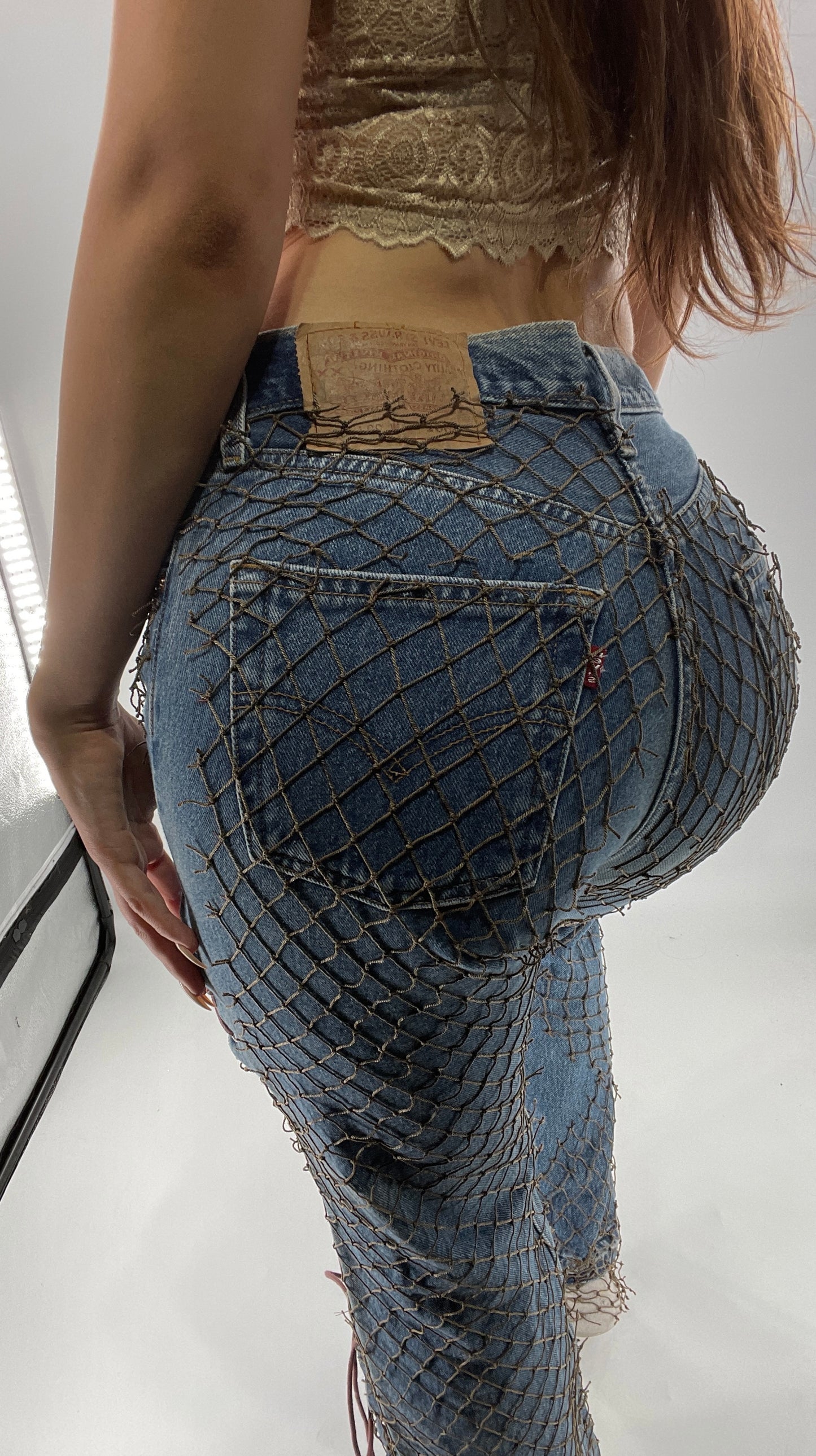 Custom - Fishnet Levi’s with Grommets and Lace Up Sides (Waist 29 Length 30) Fits Like a 26*