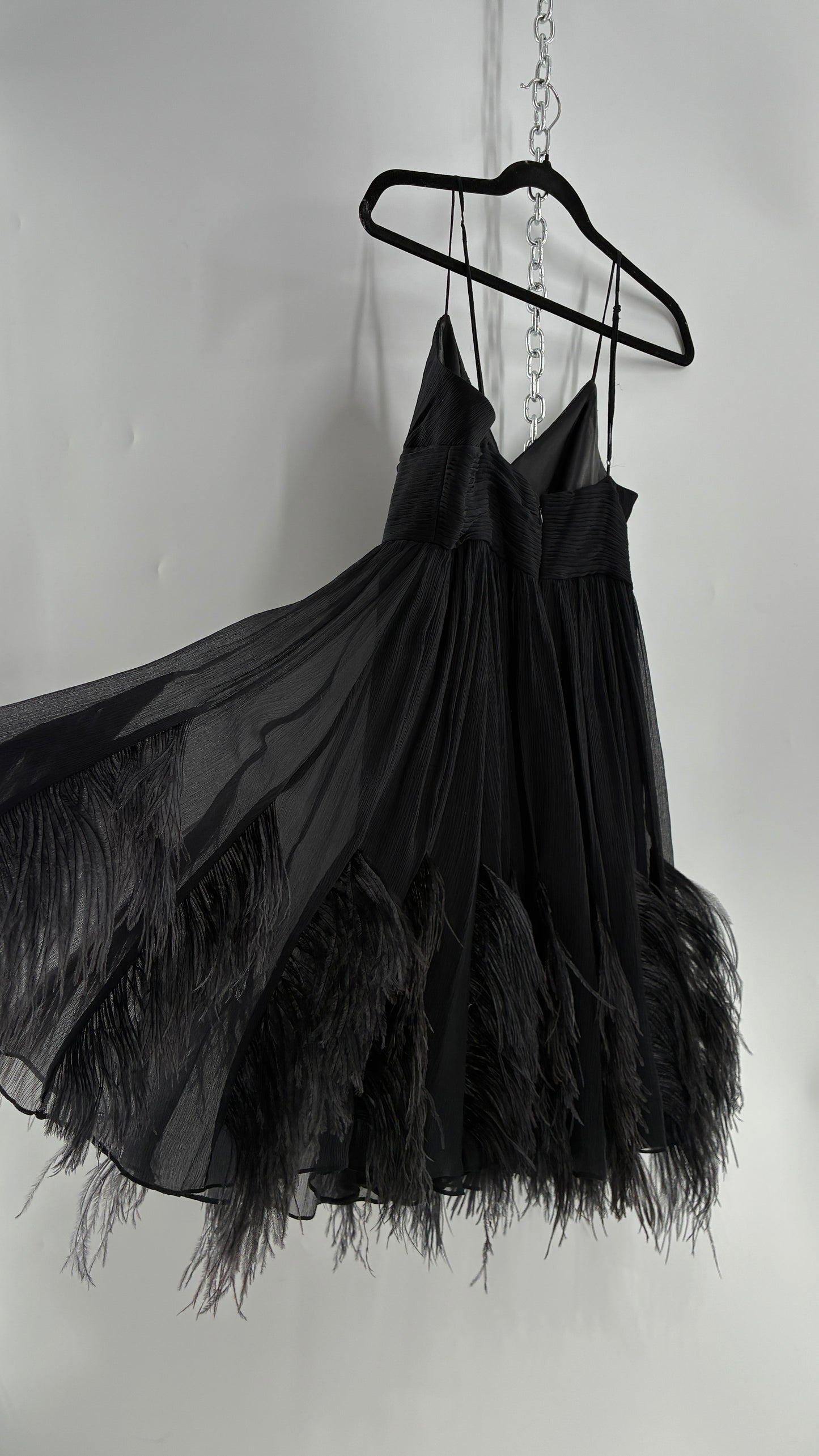 Vintage BCBGMAXAZRIA Crimped Black Dress with Ostrich Feather Details (6)