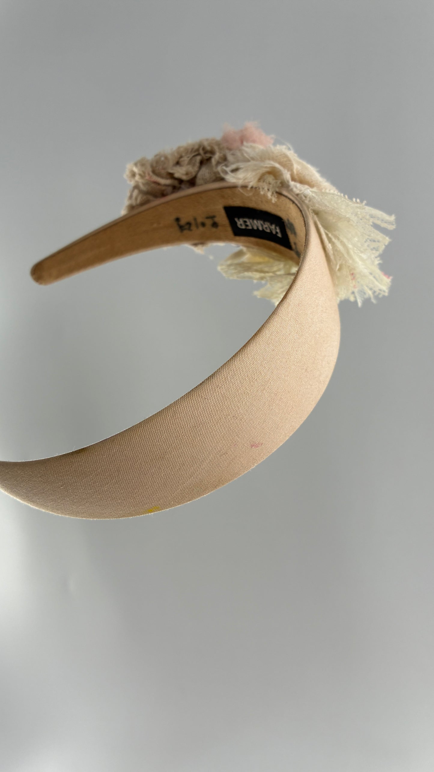 Vintage FARMER Handmade Headband with Ribbon, Flower, Button Appliqués