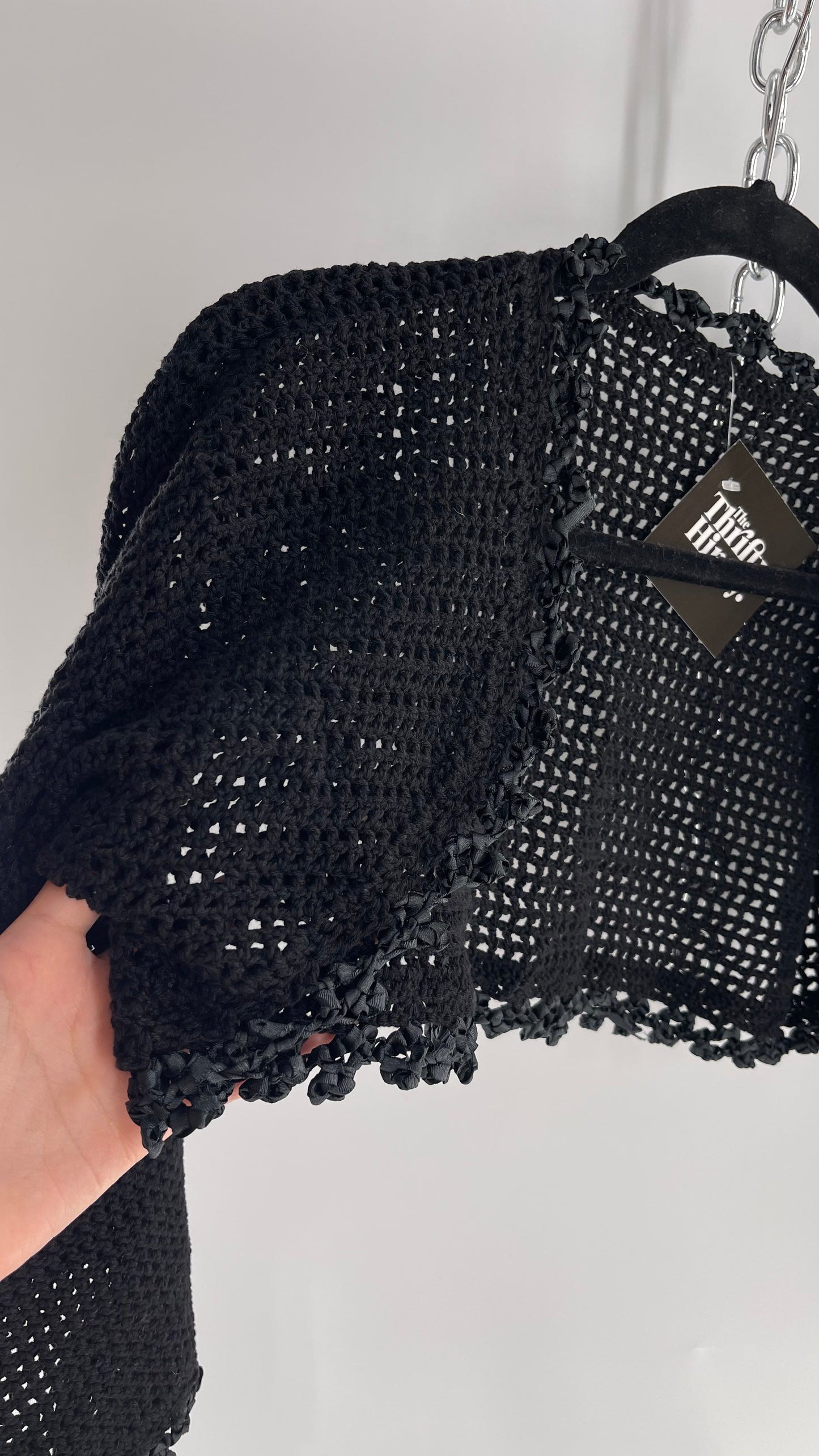 Vintage Black Hand Knit Crochet Shrug with Ribbon Detailing (Medium)