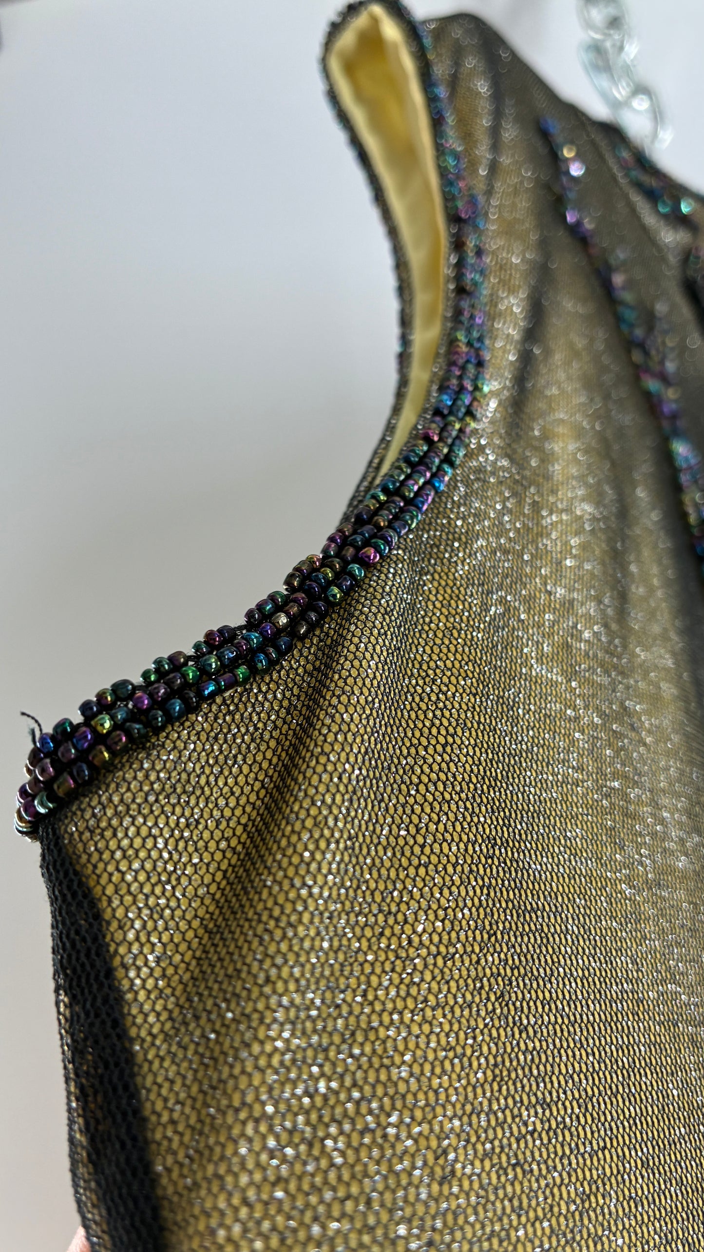 Vintage 1990s One of a Kind Handmade, Green Gown with Beaded Koi Fish, Metallic Tulle Overlay, and Symmetric Back (Medium)