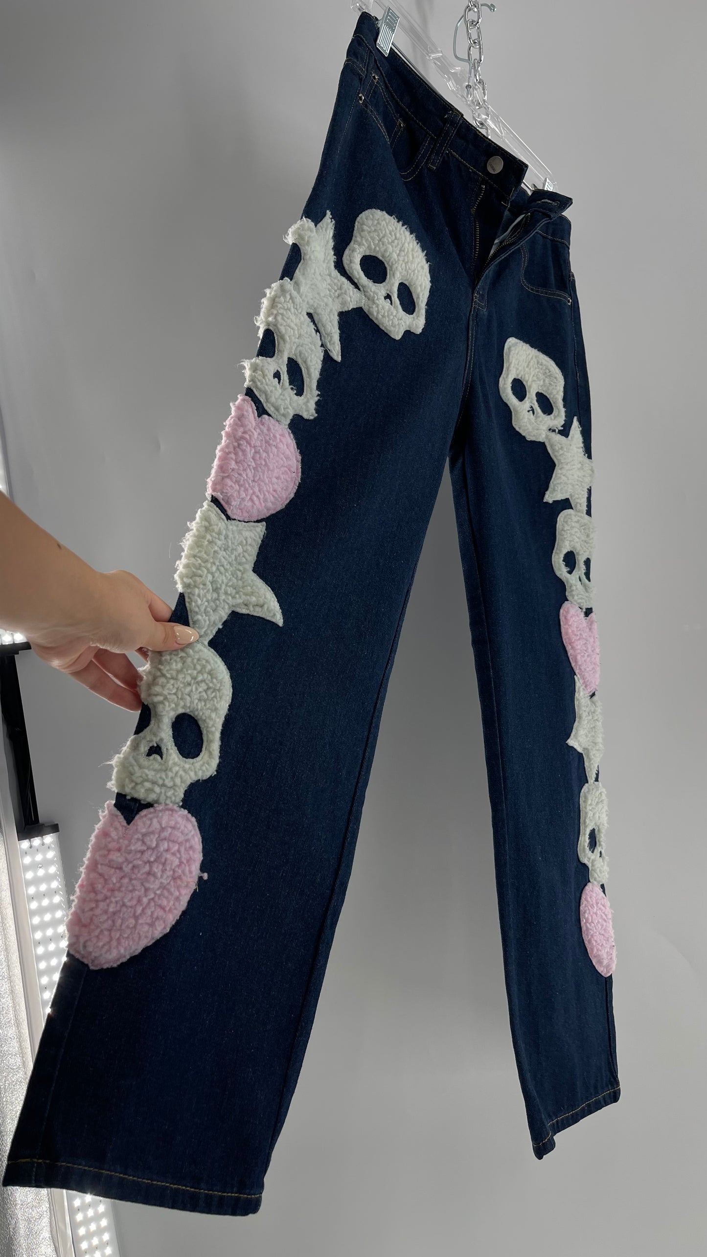 MadeExtreme Dark Wash Denim with Skull/Heart Patches and Bum Embroidery (Medium 8)