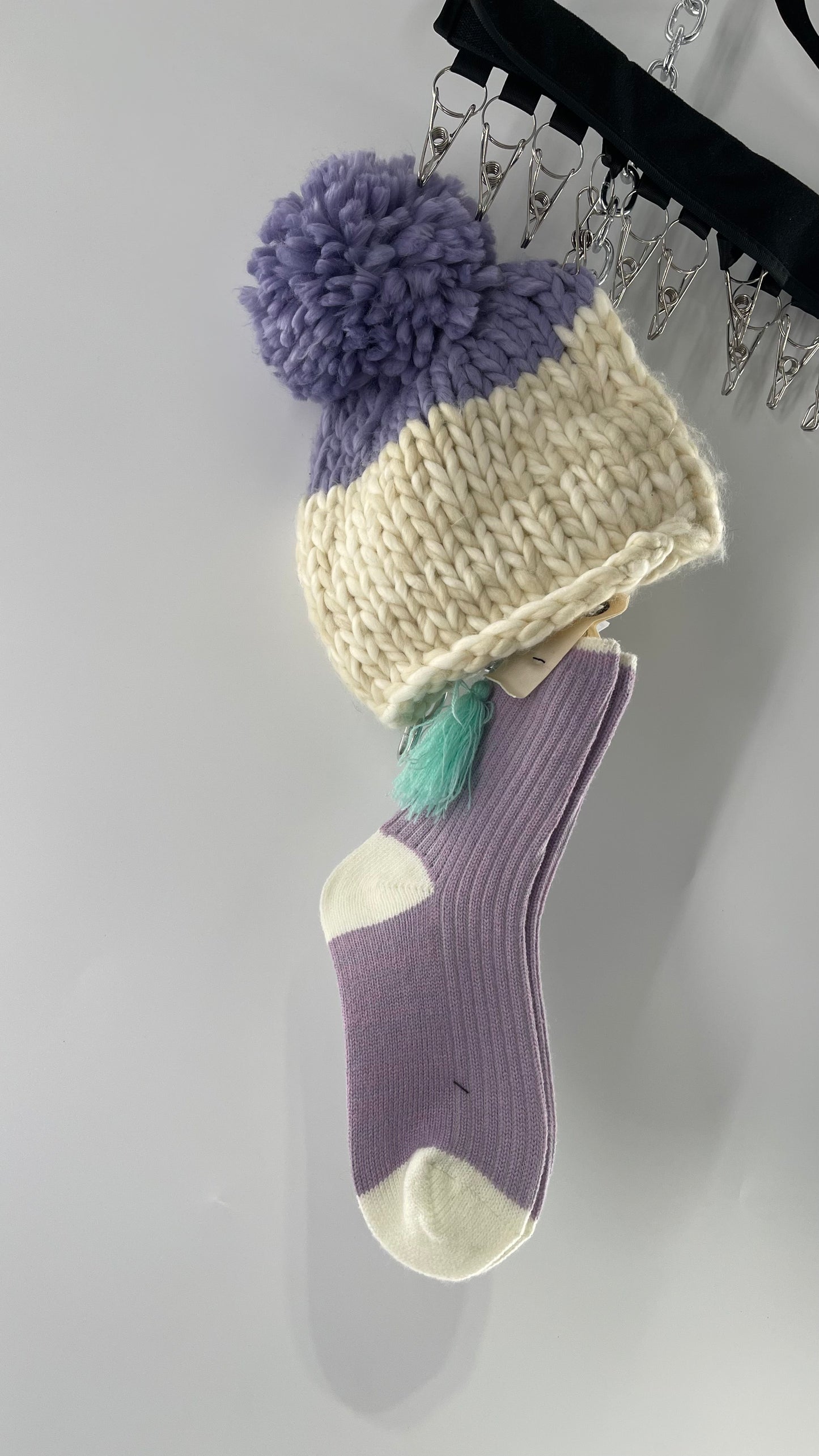 Free People Lavender Purple and White Knit Beanie and Sock Set