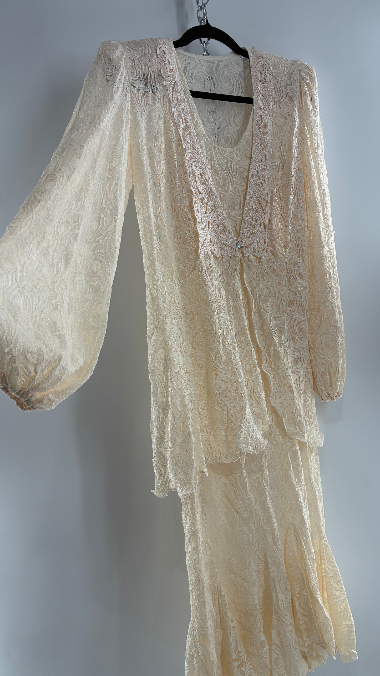 Vintage SARA MIQUE New York Off White Maxi Dress and Balloon Sleeve Cardigan Set (M)