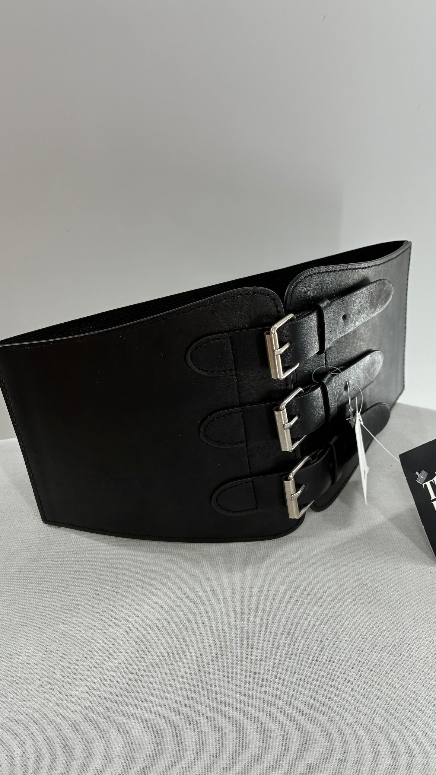 Urban Outfitters Black Corset Belt with Many Buckles and Tags Attached (One Size)