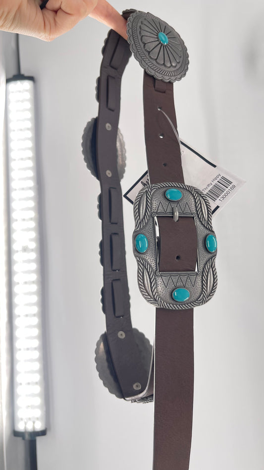 Free People Brown Leather Belt with Heavy Duty Metal Engraved (Small)