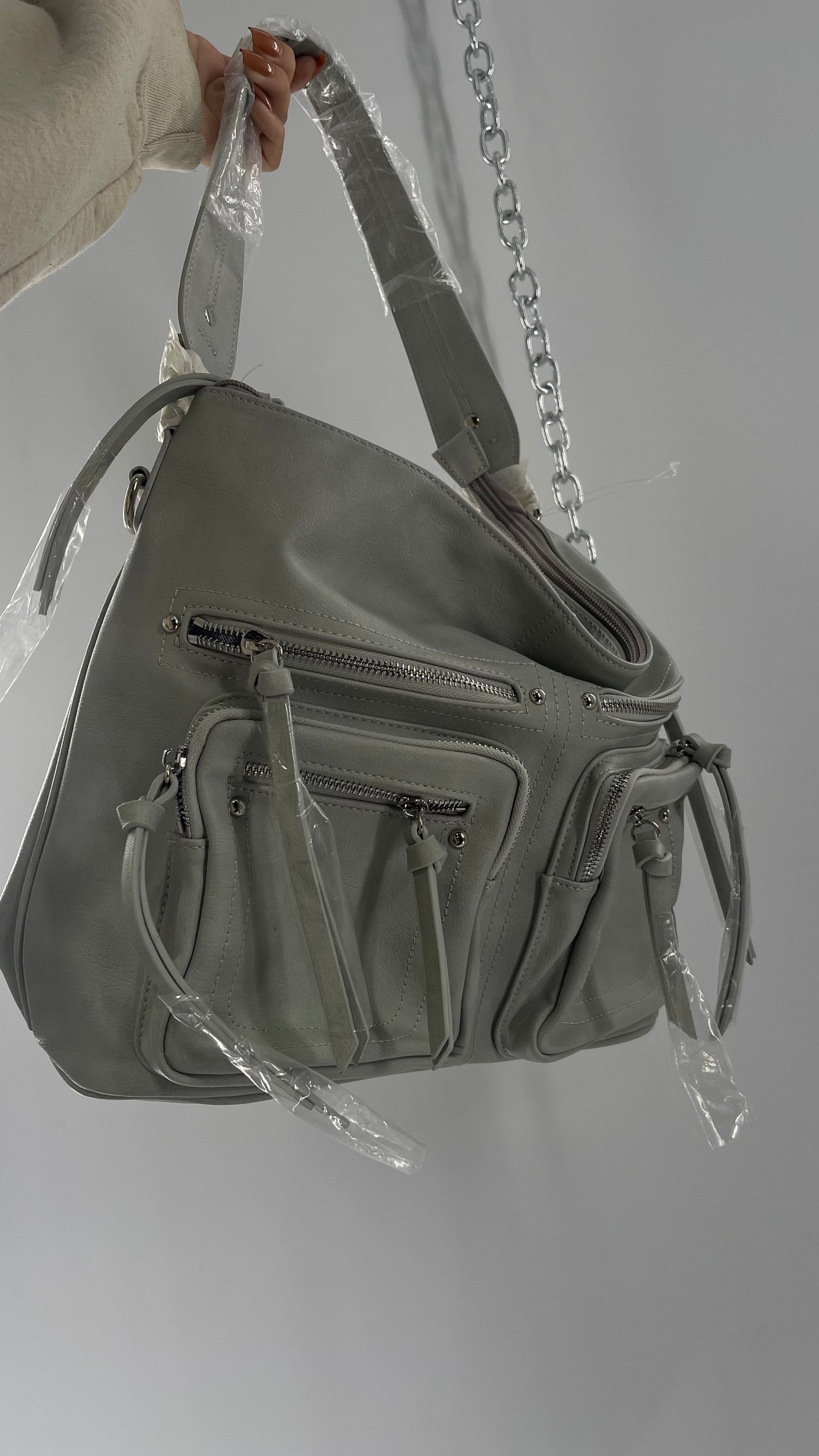 Free People Grey Leather Bag with Heavy Silver Metal Detailing, Pockets and Extra Strap