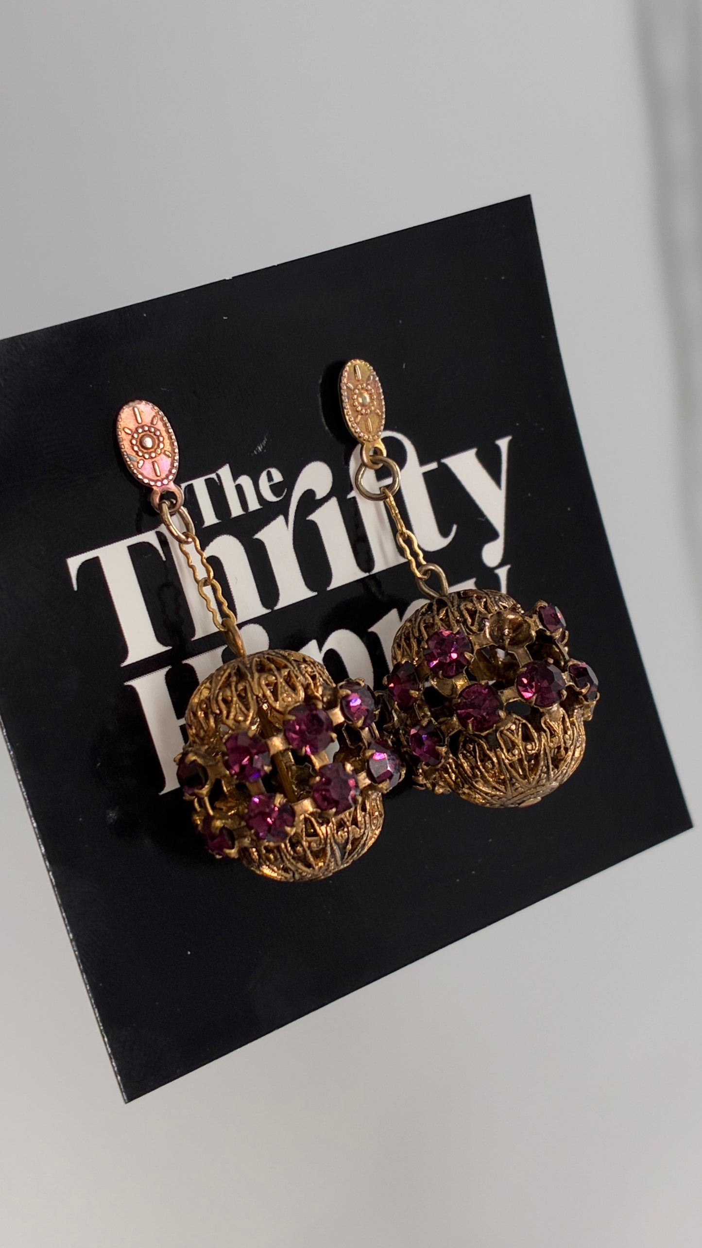 Vintage Bronze Ornate Cage Pendant Earrings with Purple Stone Details