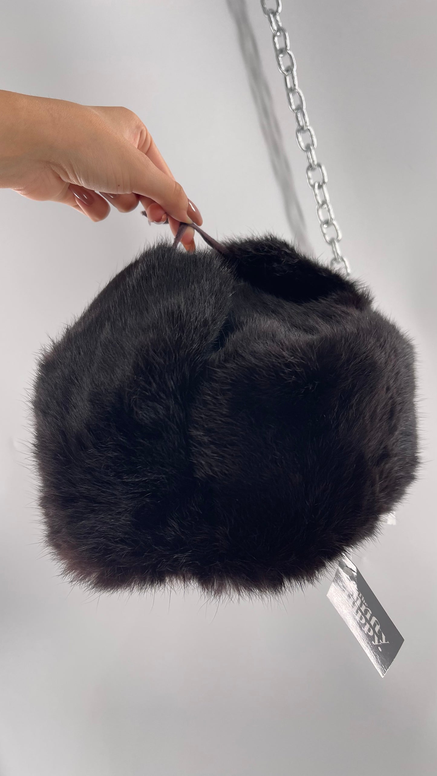 Vintage Russian Black Genuine Rabbit Fur Roller Hat with Pull Down Ear Muff Flaps