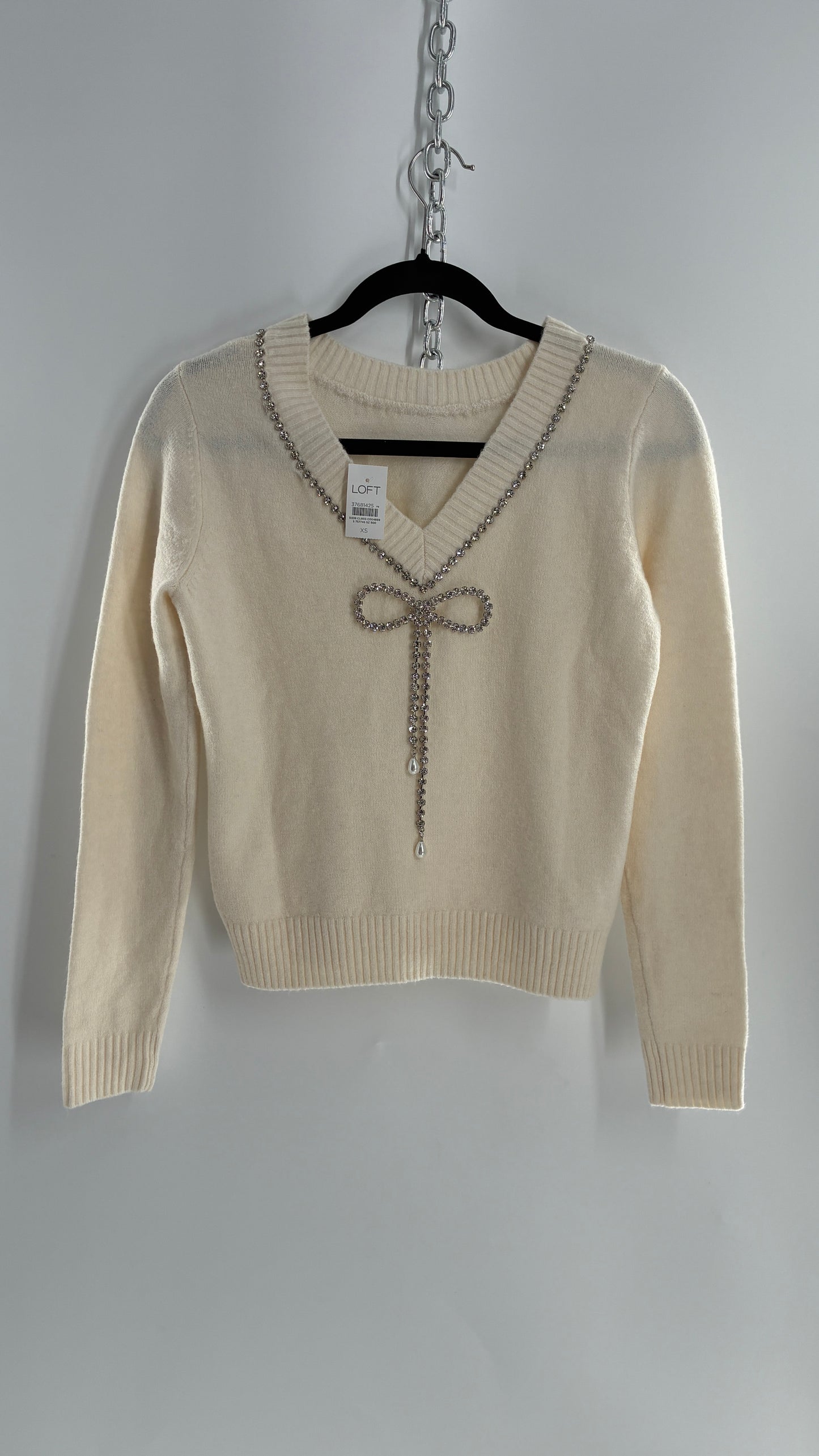 LOFT Cream Reversible Sweater with Rhinestone and Pearl Bow Detail + Tags Attached (XS)