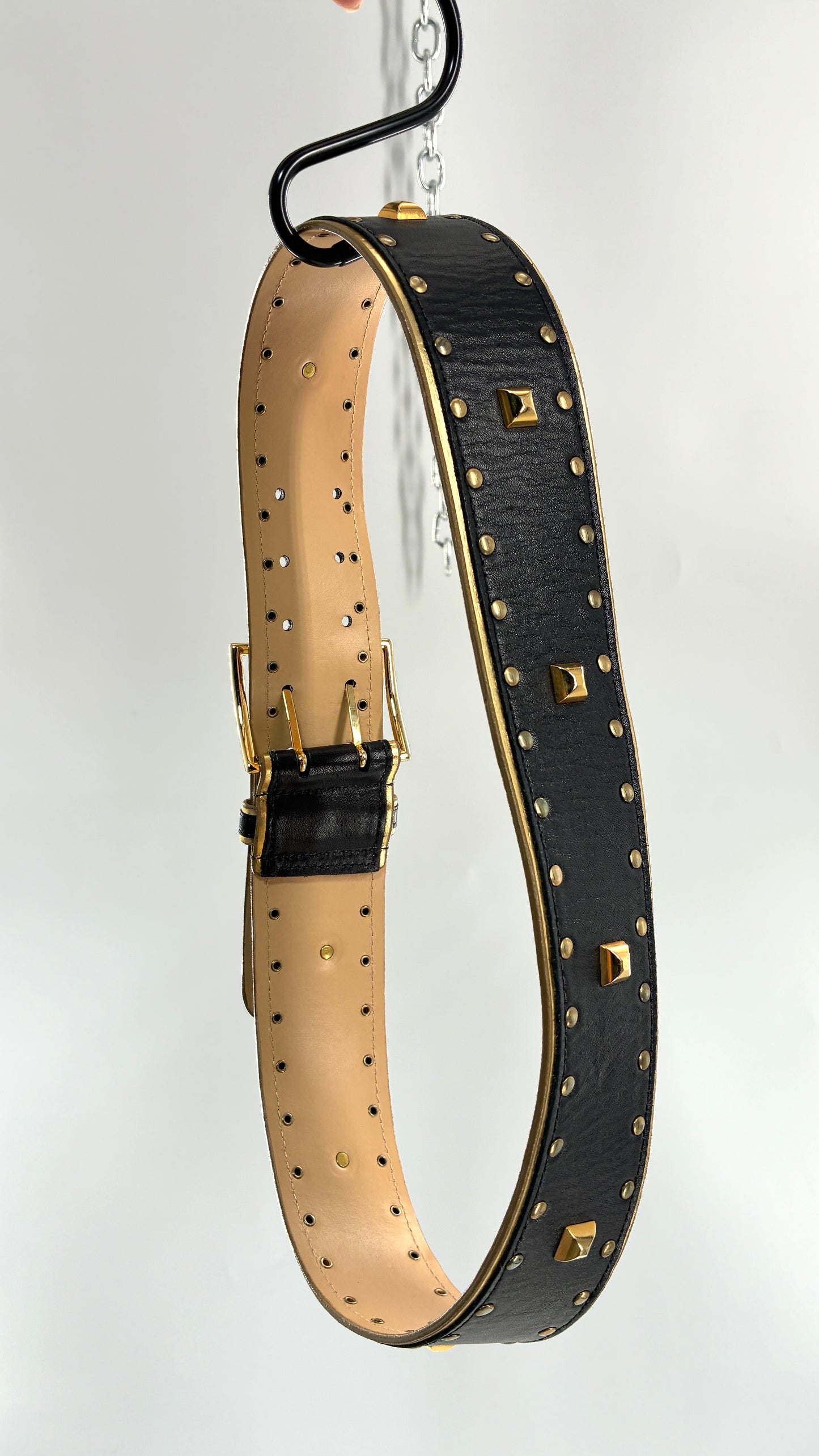 Vintage Wide Black Genuine Leather Belt with Studded Detailing and Oversized Buckle