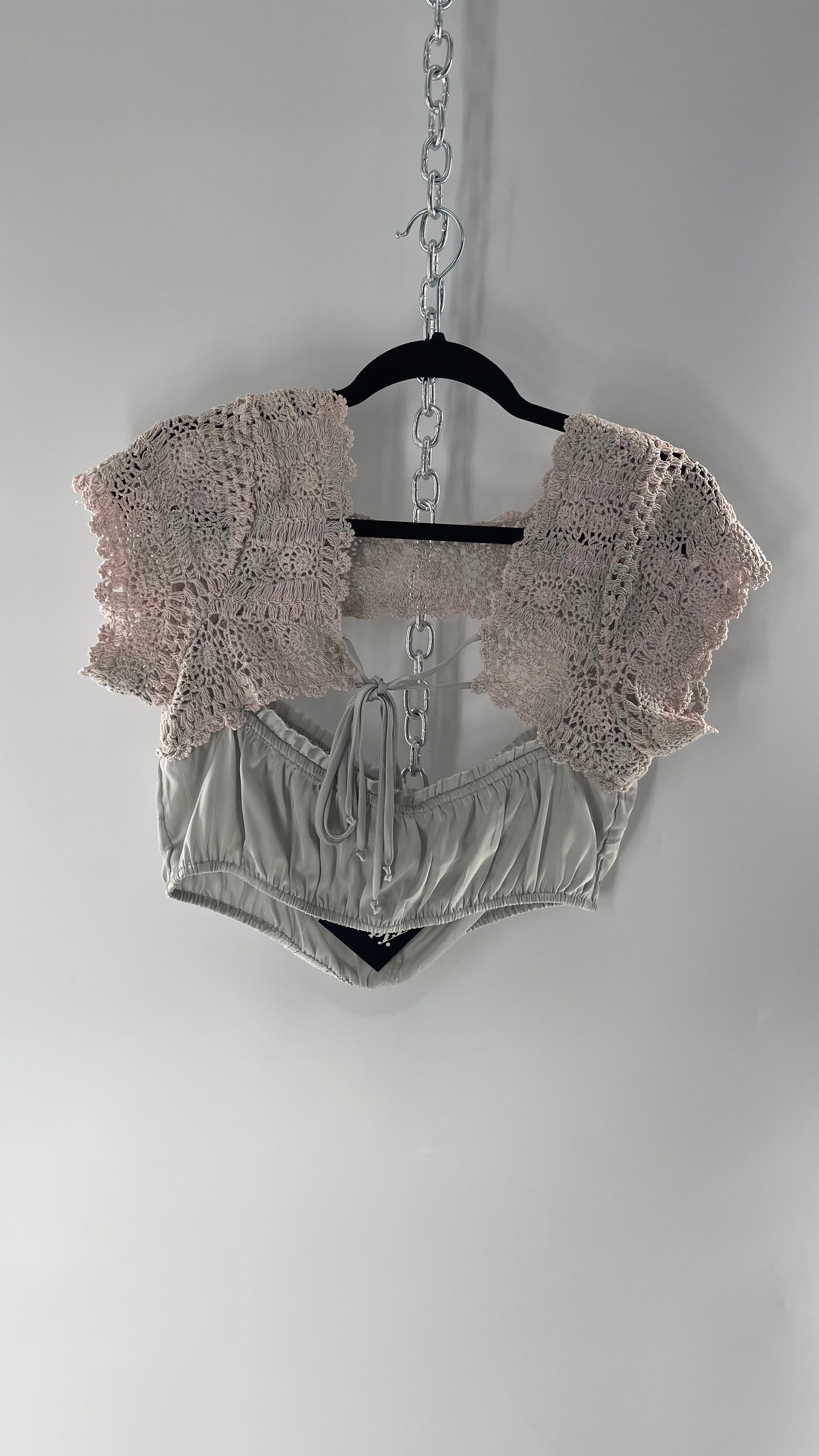 Intimately Free People Silver Satin Cropped Bustier with Crochet Shrug High Neckline (Large)
