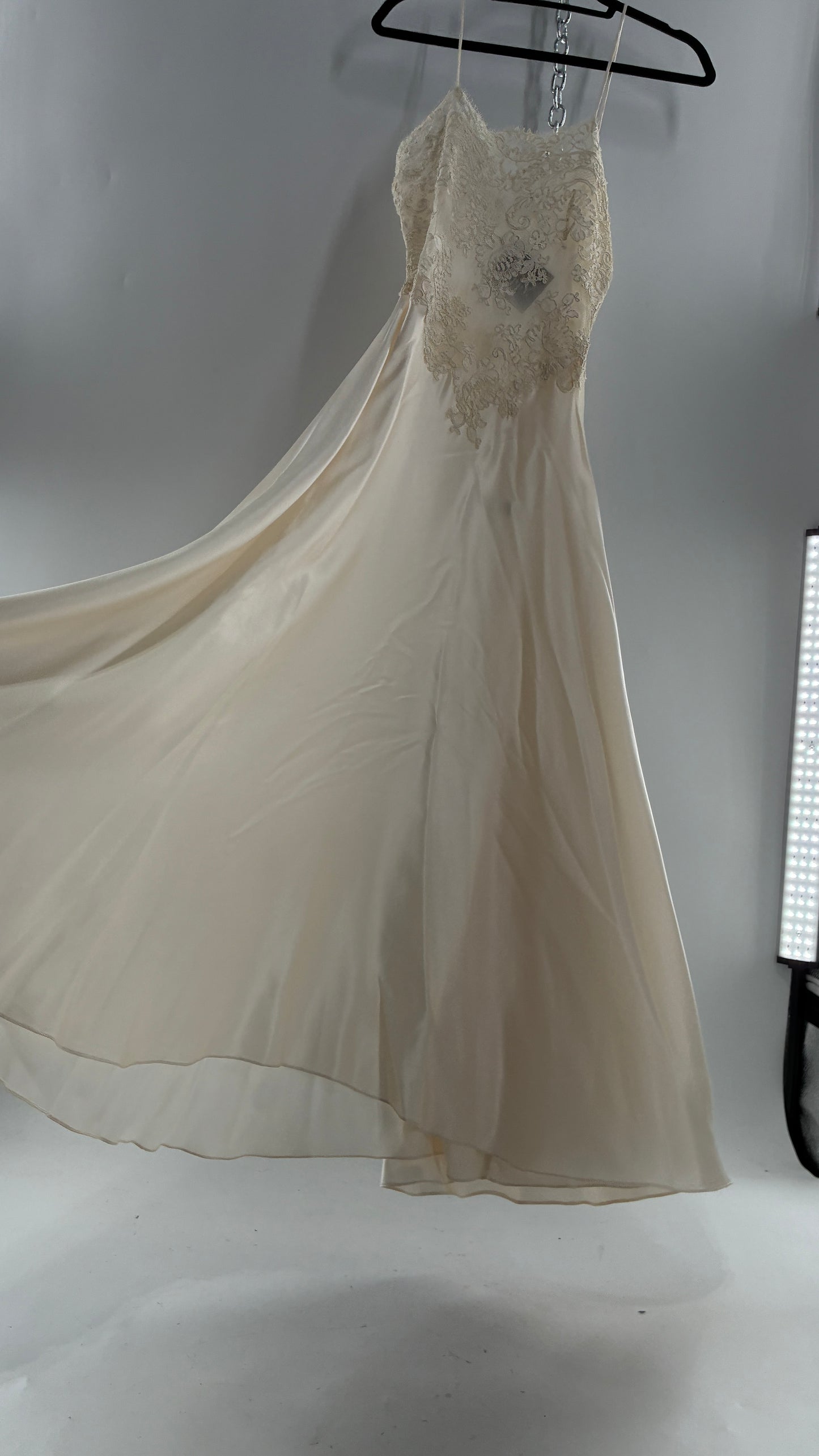Vintage JONQUIL 100% Silk Gown with Heavy Lace Appliqués and Low Cut Sheer Back (Medium)