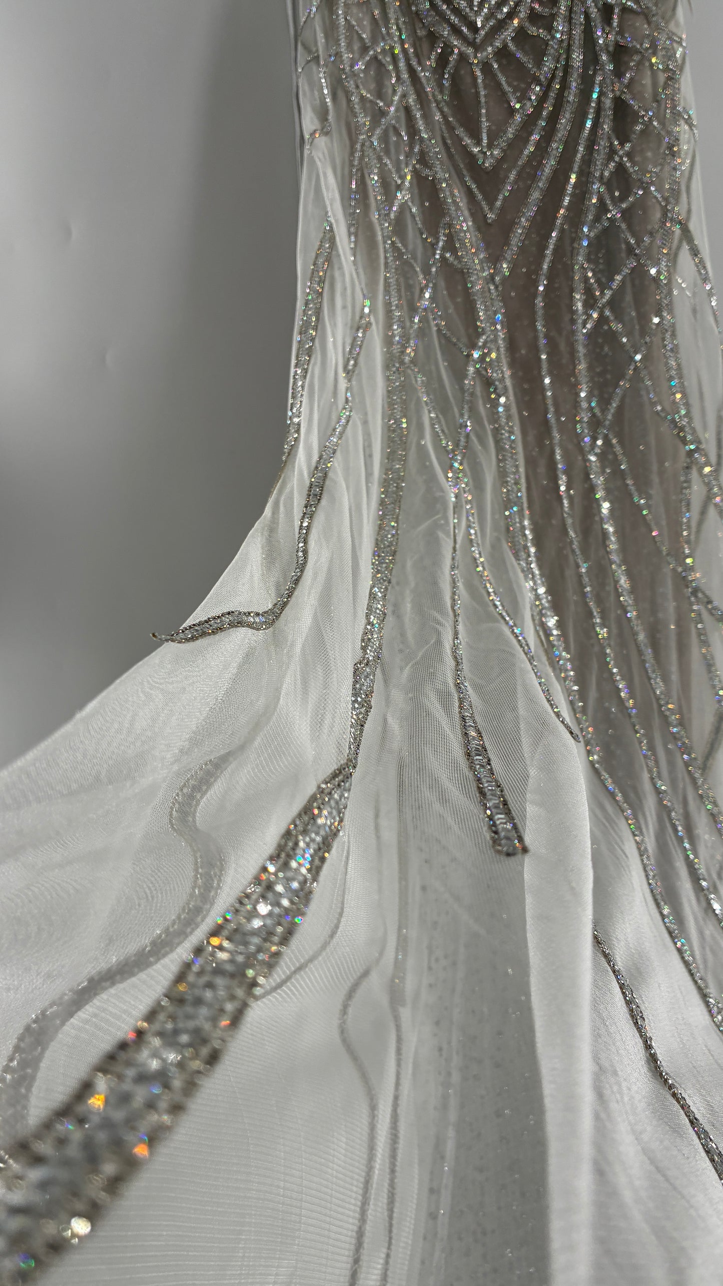 NWT LADIVINE by Cinderella Divine Silver Nude CC6018 Mermaid Corseted Gown with Multiple Layers of Tulle, Covered in Crystal Strips (16)