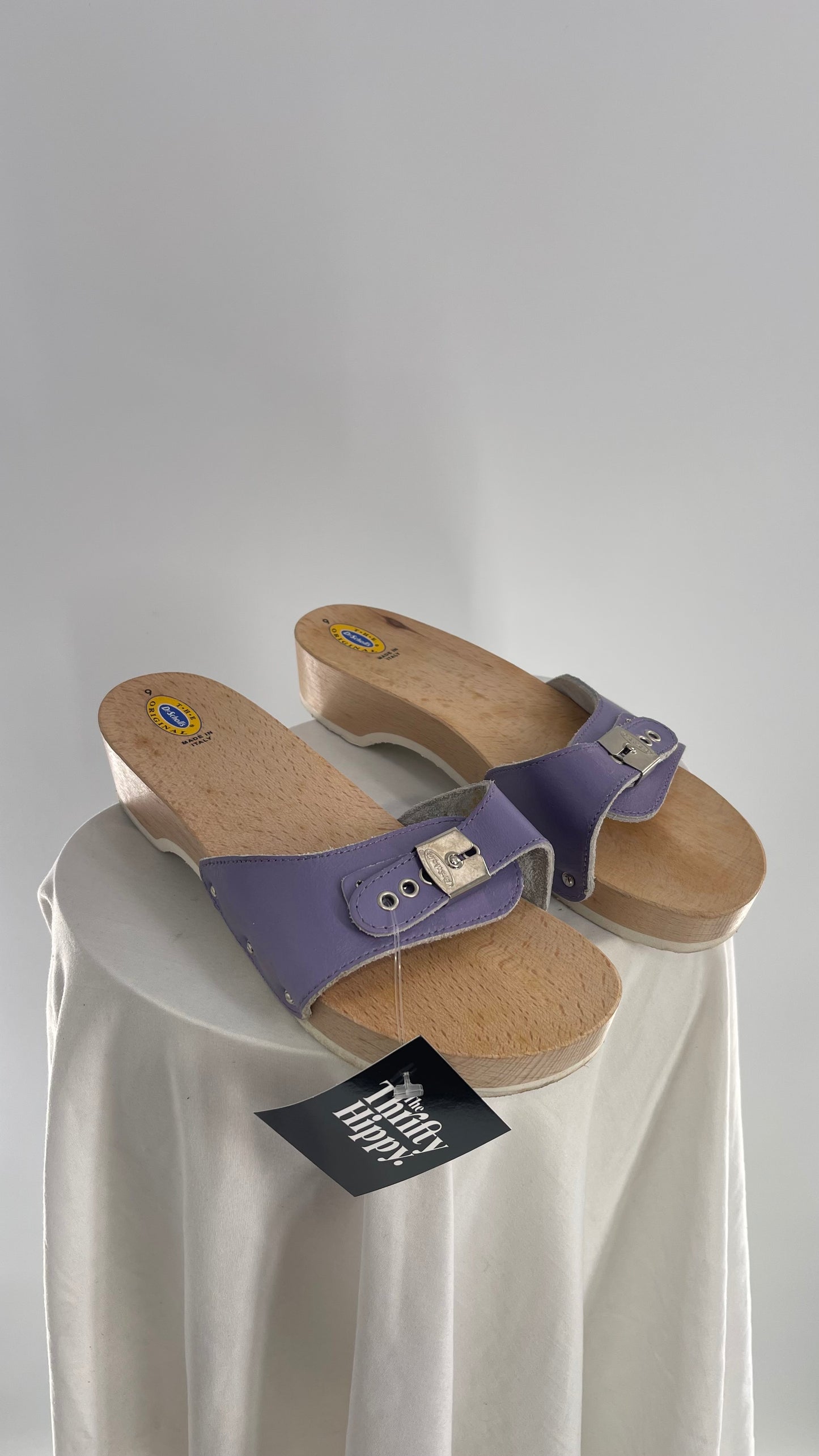 Vintage Dr.Scholls Wooden Clog with Lilac Leather Strap Made in Italy (7)