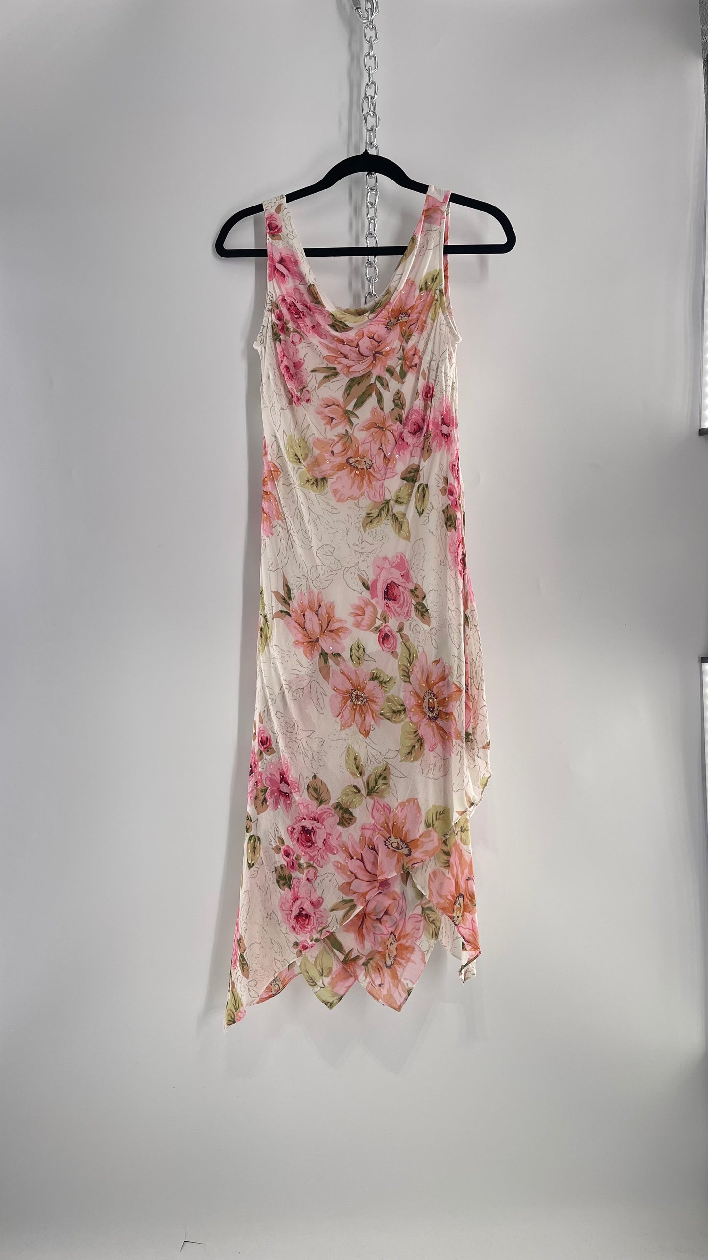 Vintage Eva Blue Pink Floral Draped Neck Sleeveless MIDI with Beading (10)