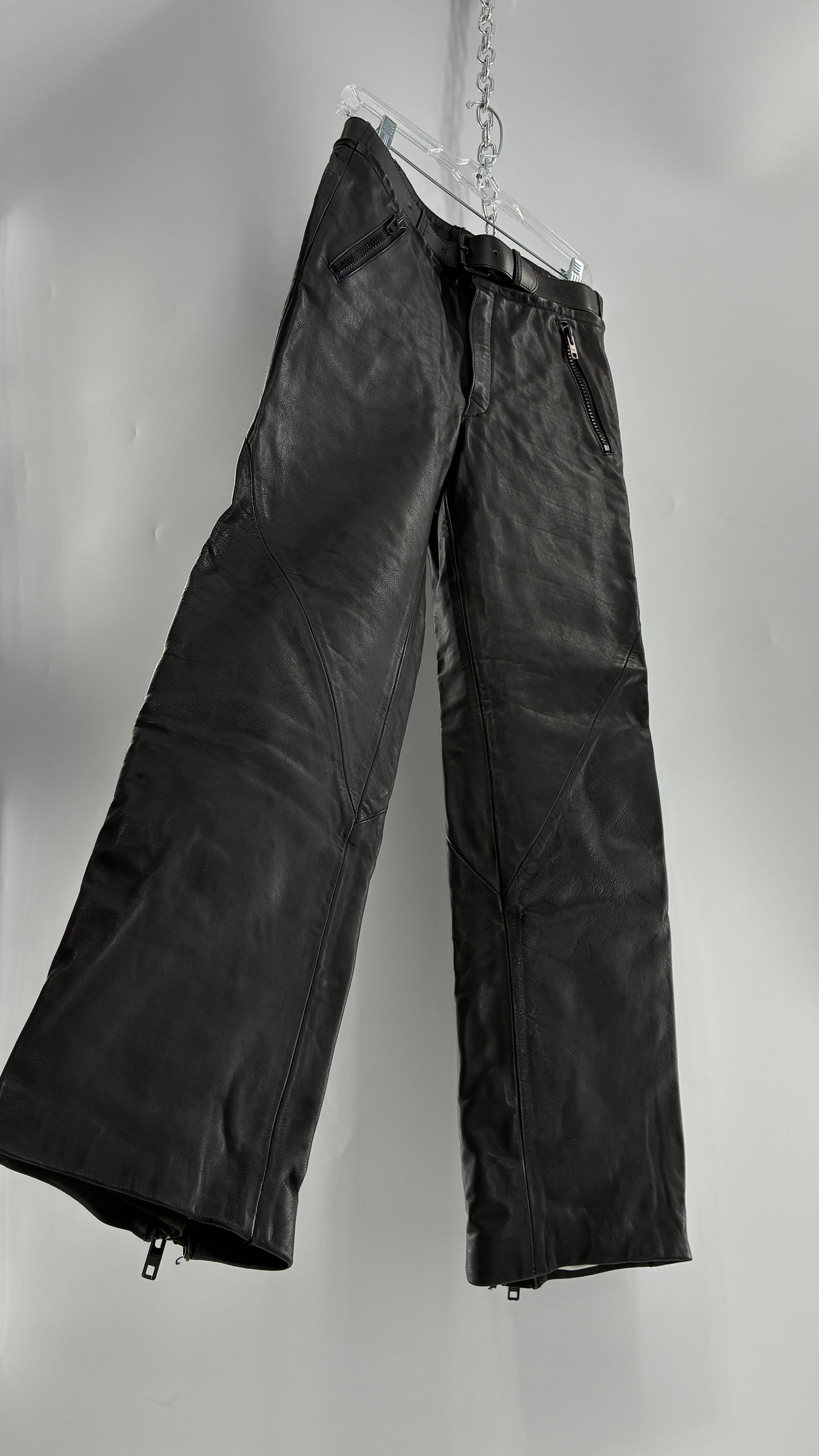 Vintage Black Italian Leather Motorcycyle Pants with Built In Belt and Zipper Detailing (XS)