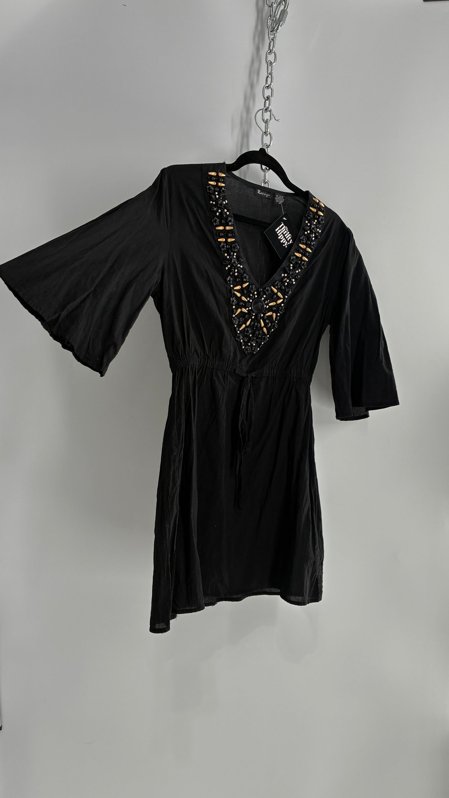 Vintage RAVIYA Black Mini Dress Blouse with Beaded Neckline (Medium)