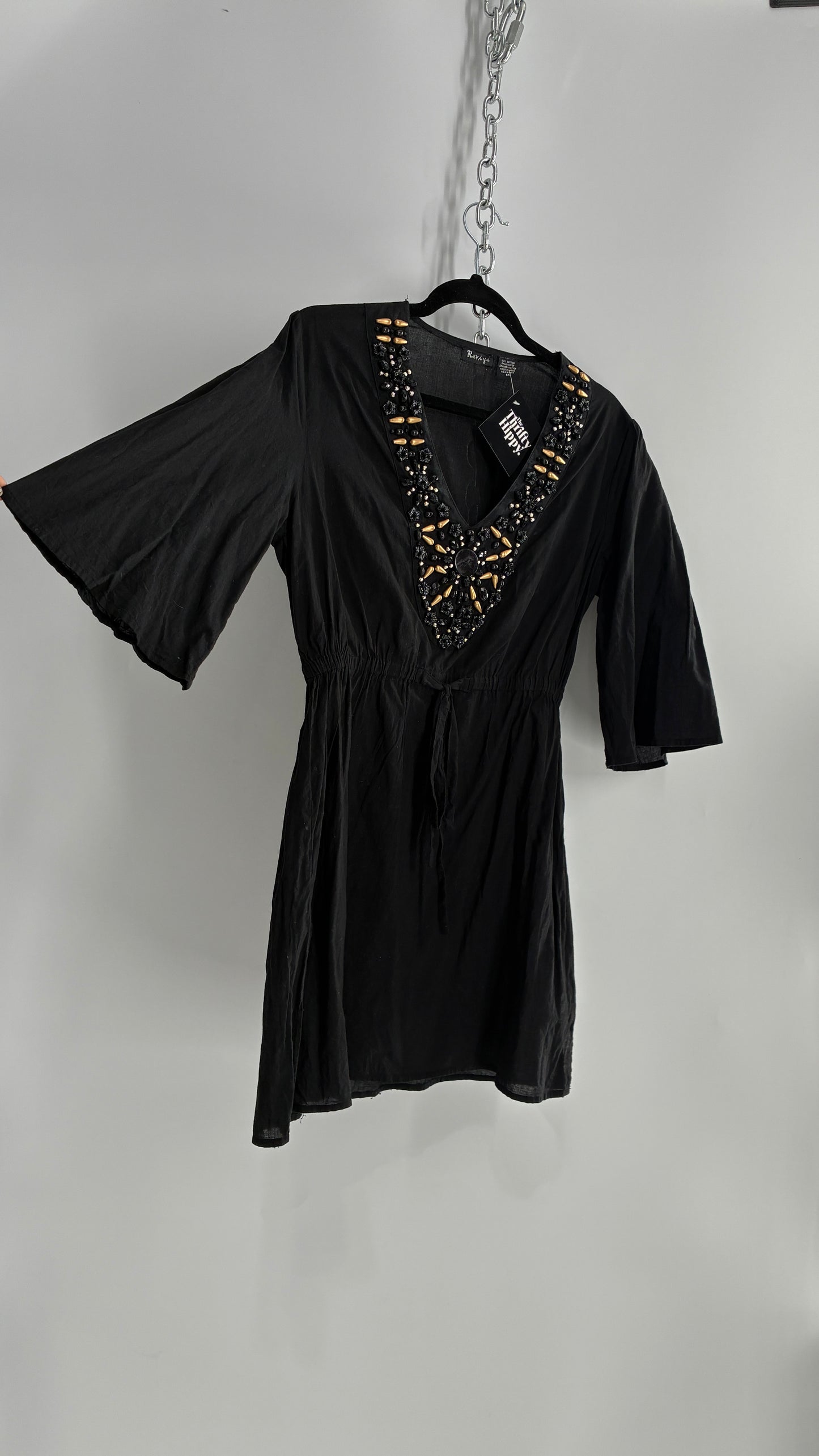 Vintage RAVIYA Black Mini Dress Blouse with Beaded Neckline (Medium)