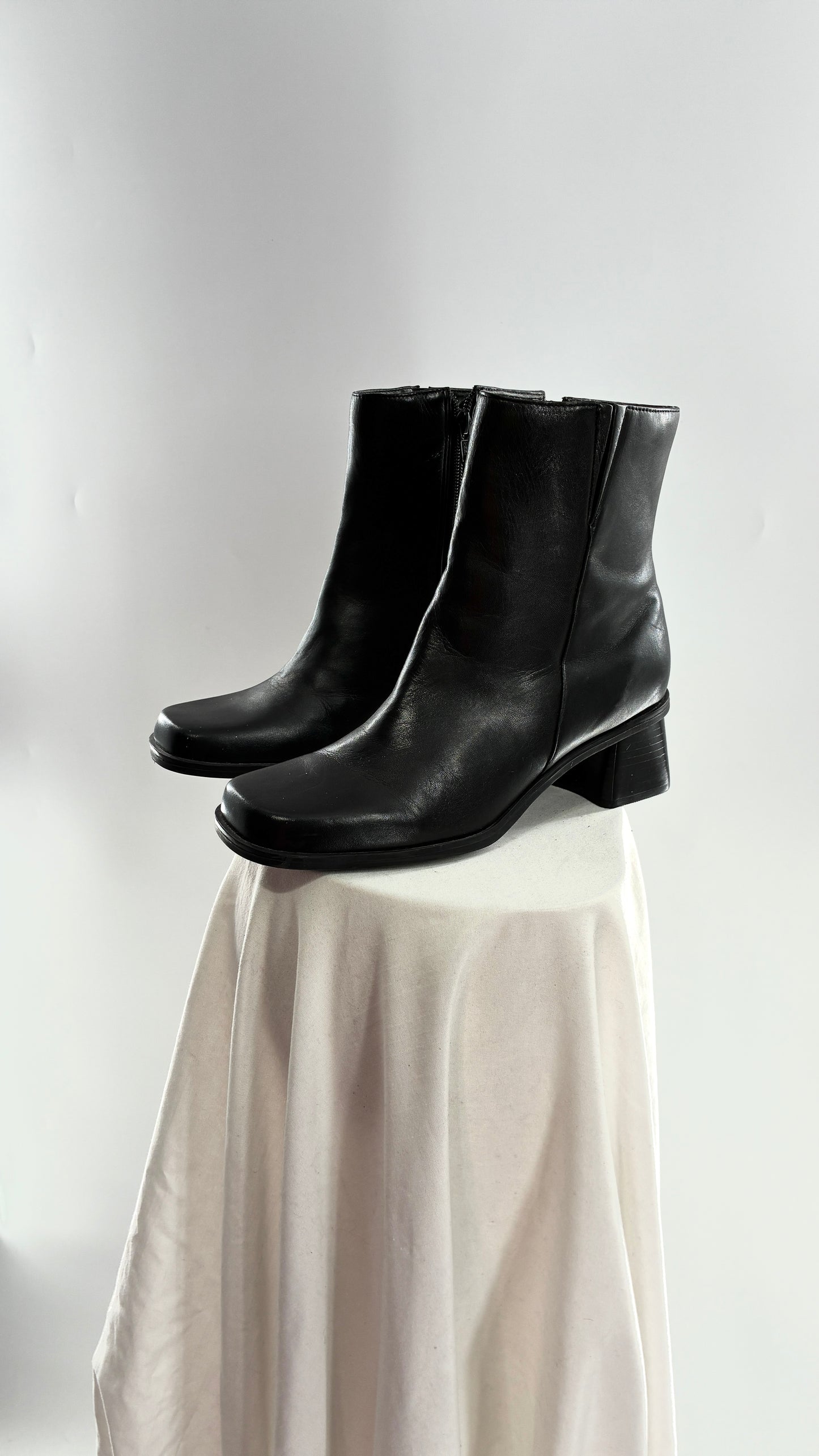 Vintage Naturalizer Black Square Toe Genuine Leather Block Heel Boots Made in Brazil (8)