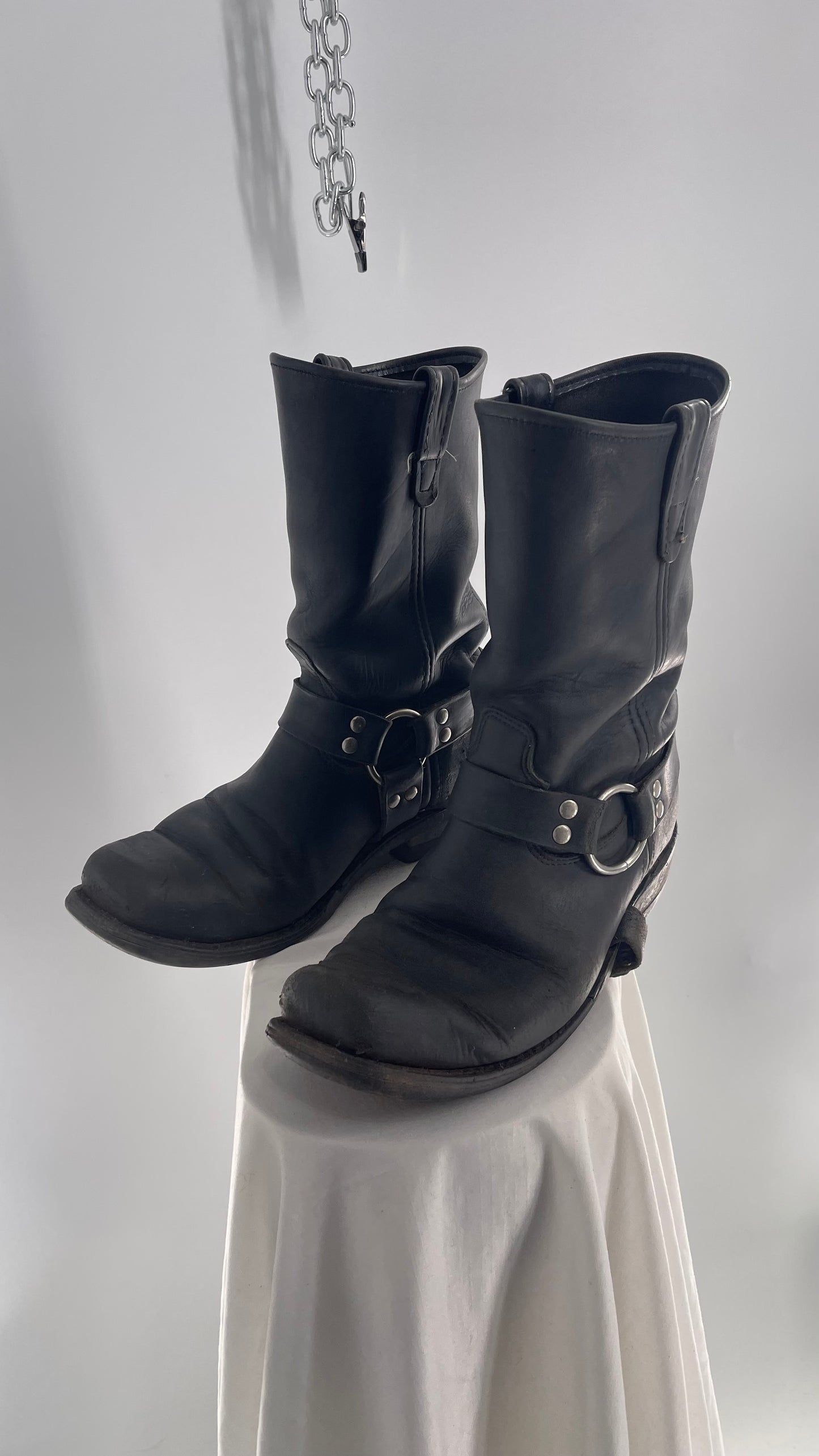 Vintage SIERRA Black Heavy Duty Sloppy Scuffed Distressed Leather Motorcycle Boots (10.5)
