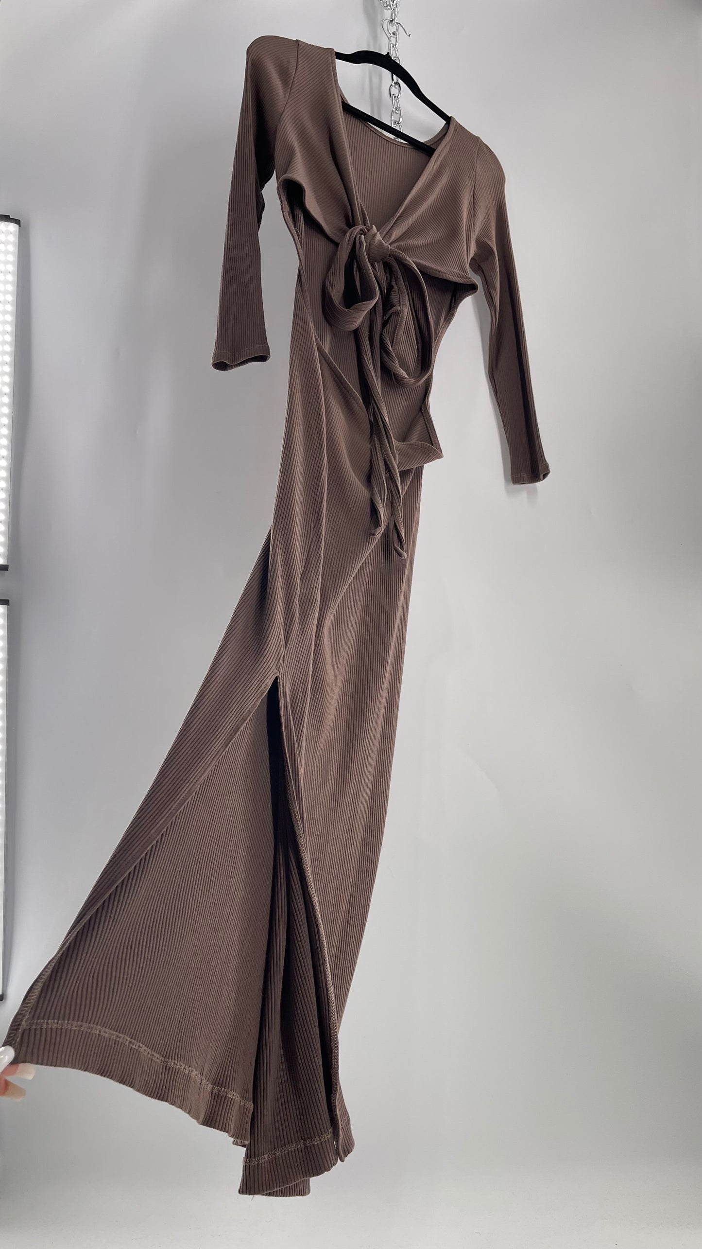 Free People Brown Ribbed Maxi Dress with Low Open Back and Dramatic Tie Detail (Large)