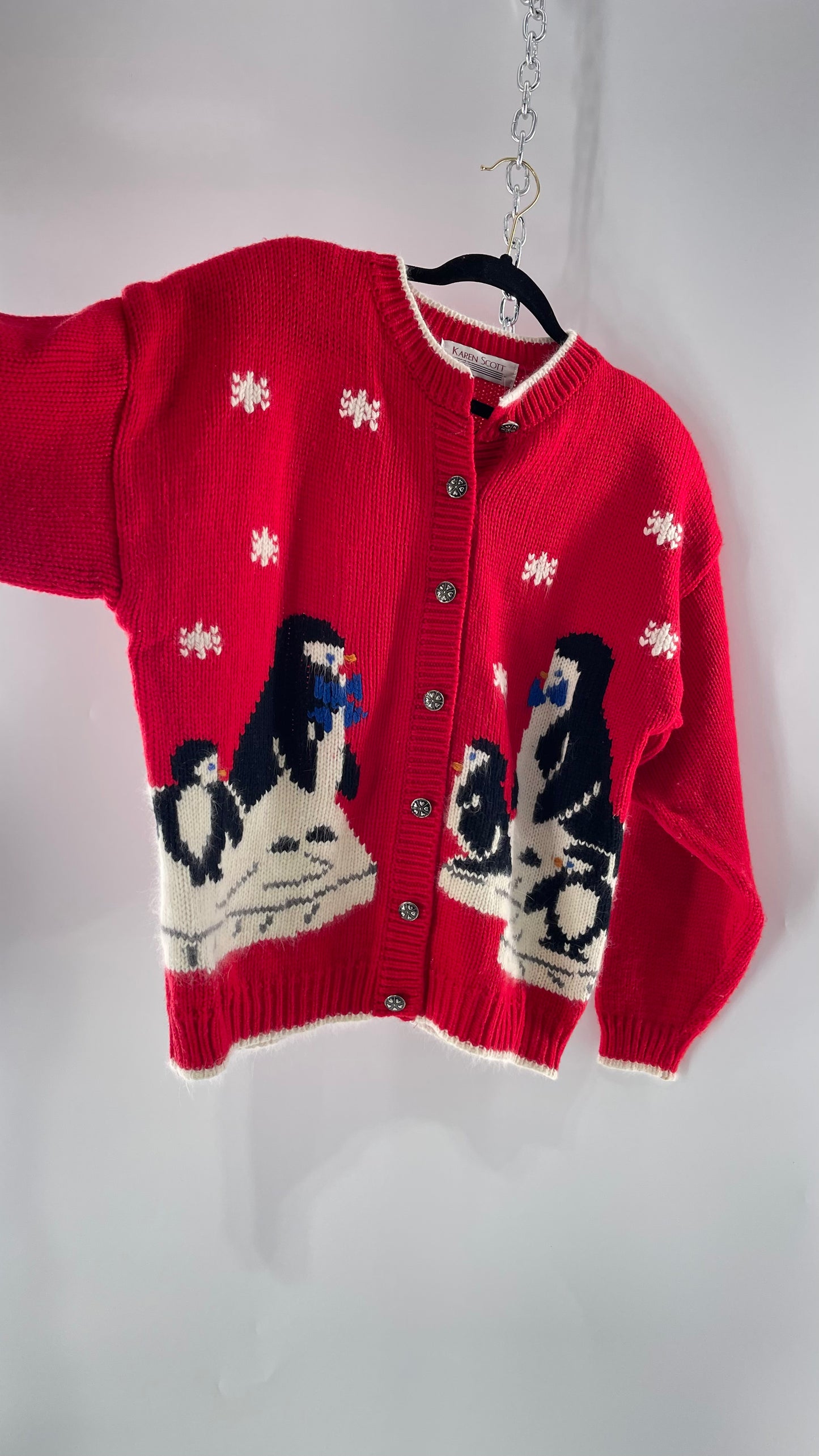 Vintage Karen Scott Silver Button Front, Red Cardigan with Shoulder Padding and the Sweetest Festive Penguins in Bow Ties (Large)