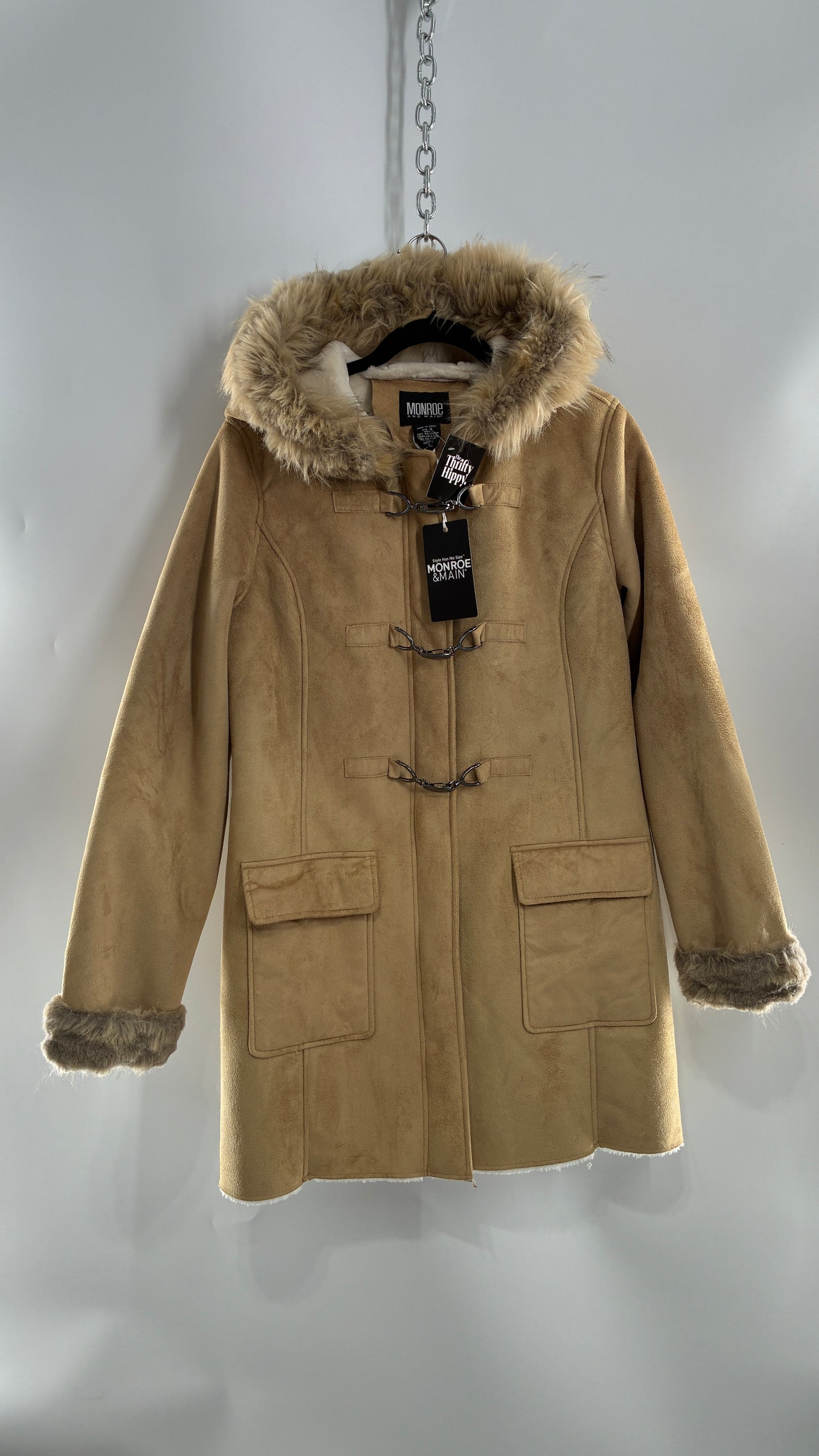 Deadstock Vintage MONROE AND MAIN Vegan Suede Coat with Fur Cuffs and Hood, Tags Attached (Medium)