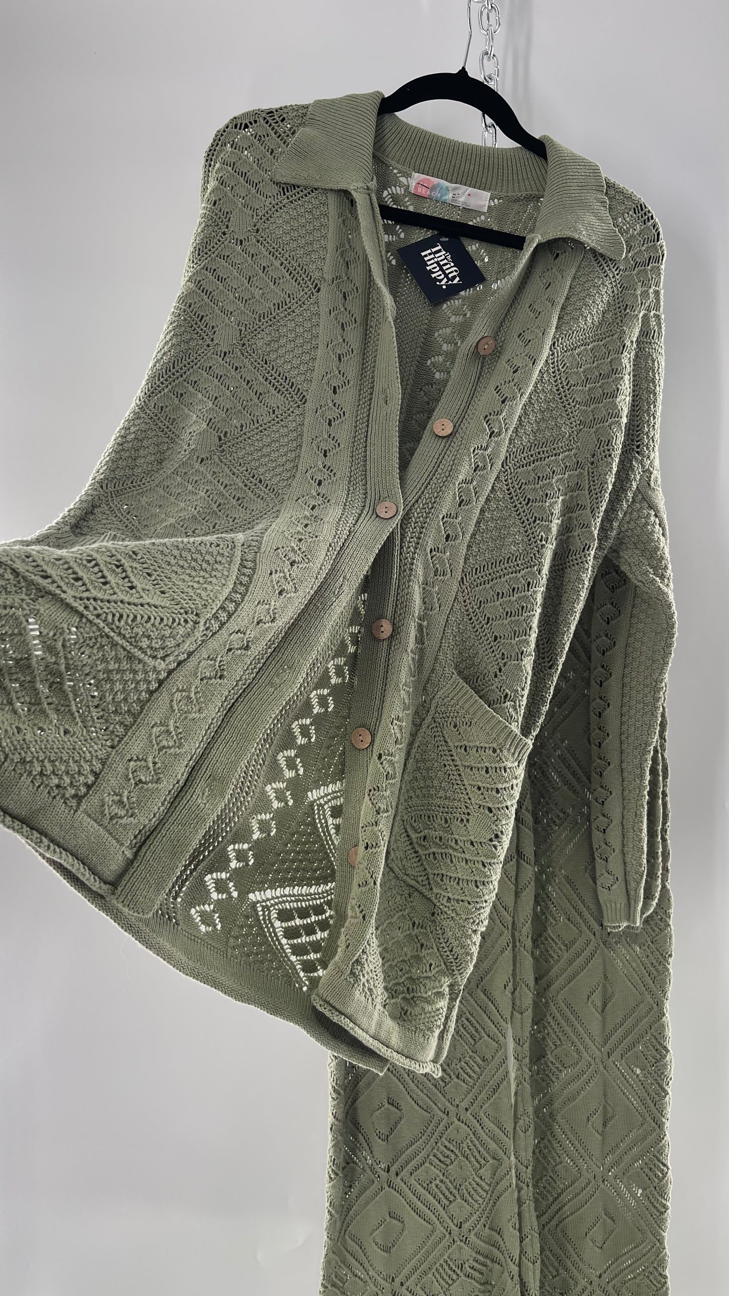Free People Beach Sage Green Crochet Wooden Button Front Cardigan and Wide Leg Set (Medium)