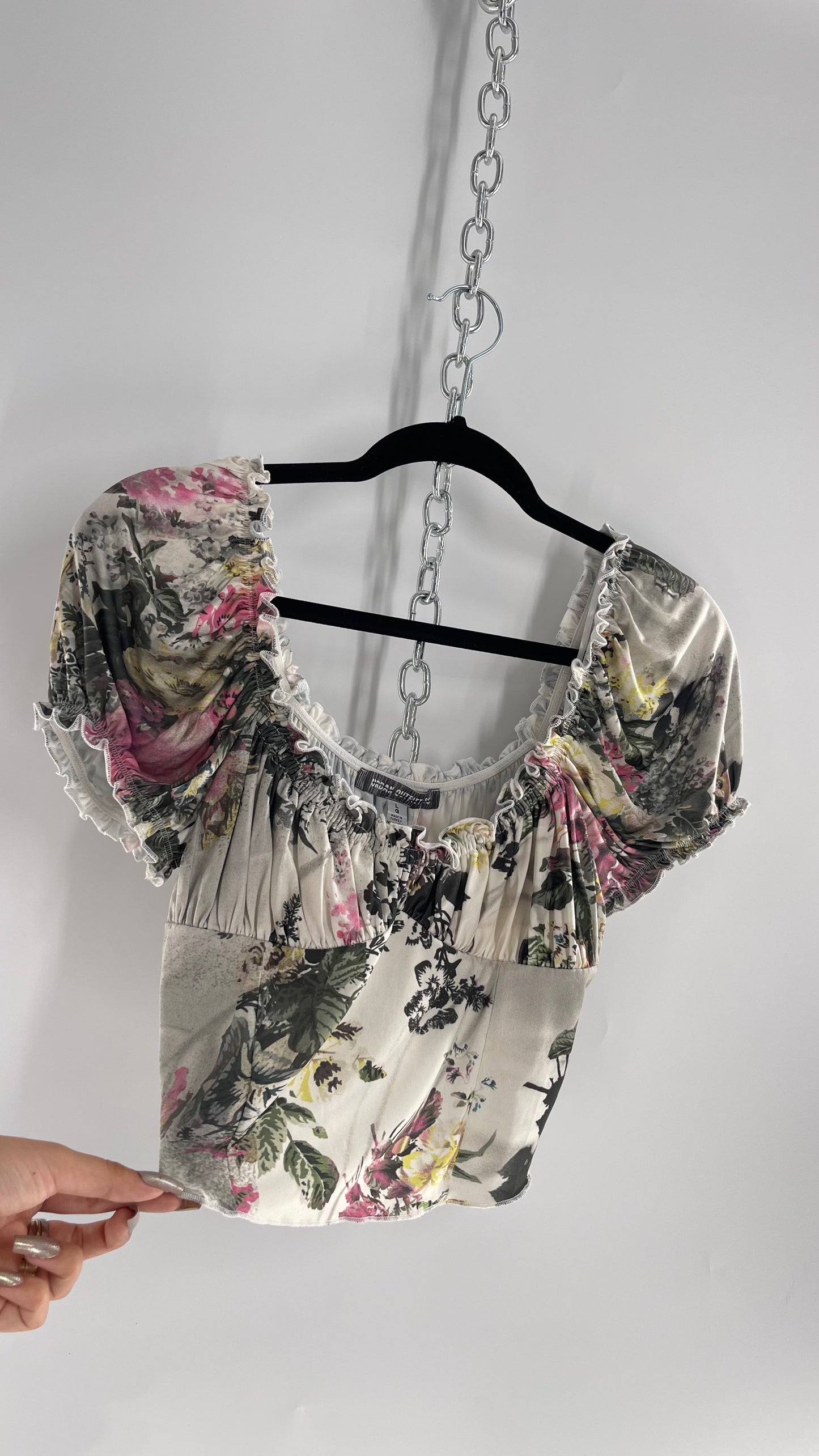 Urban Outfitters Slinky Vintage Inspired Graphic Florals and Milkmaid Style Top (Large)