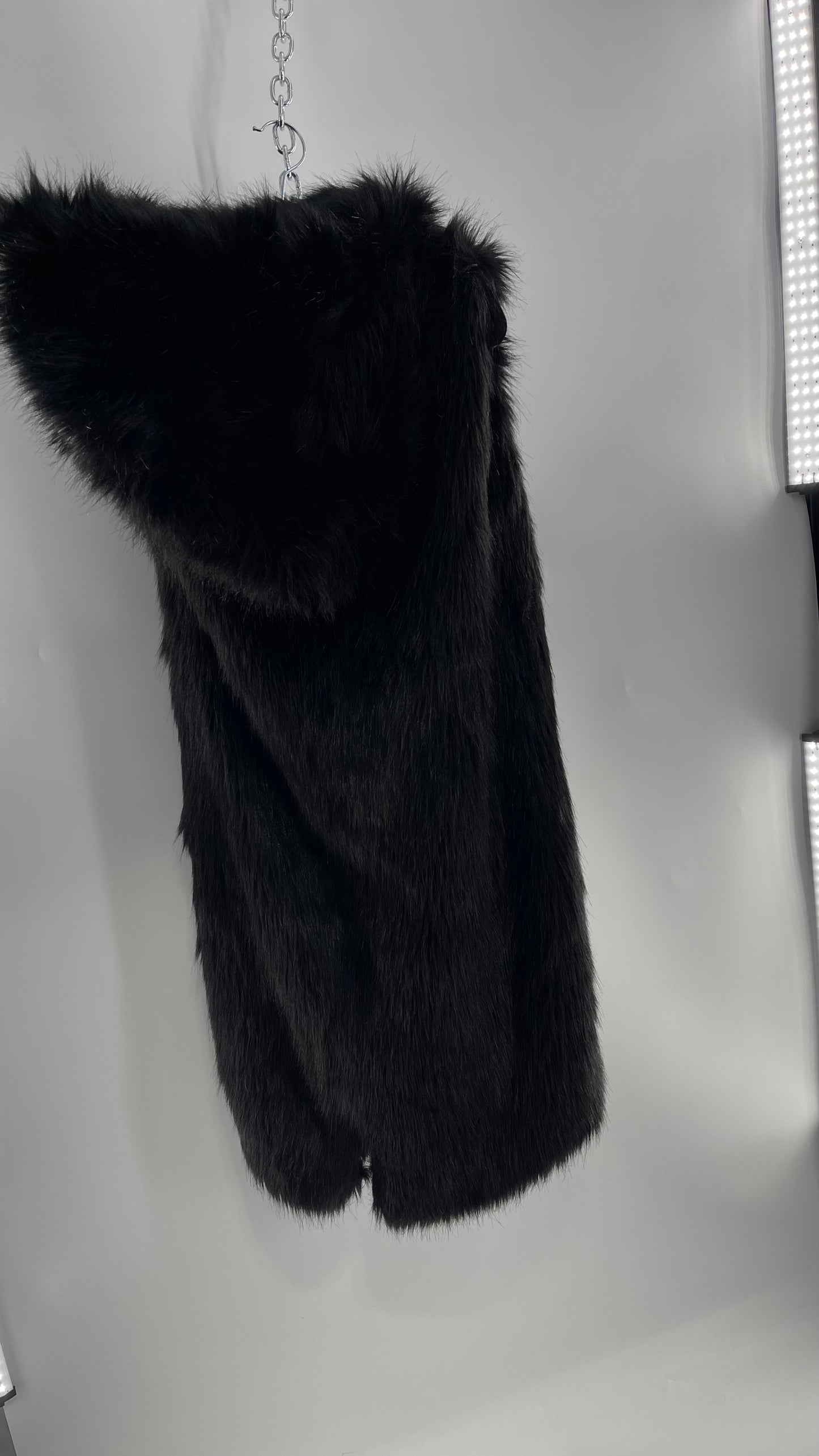 Full Length Black Fuzzy Sleeveless Vest with Oversized Hood (Medium)