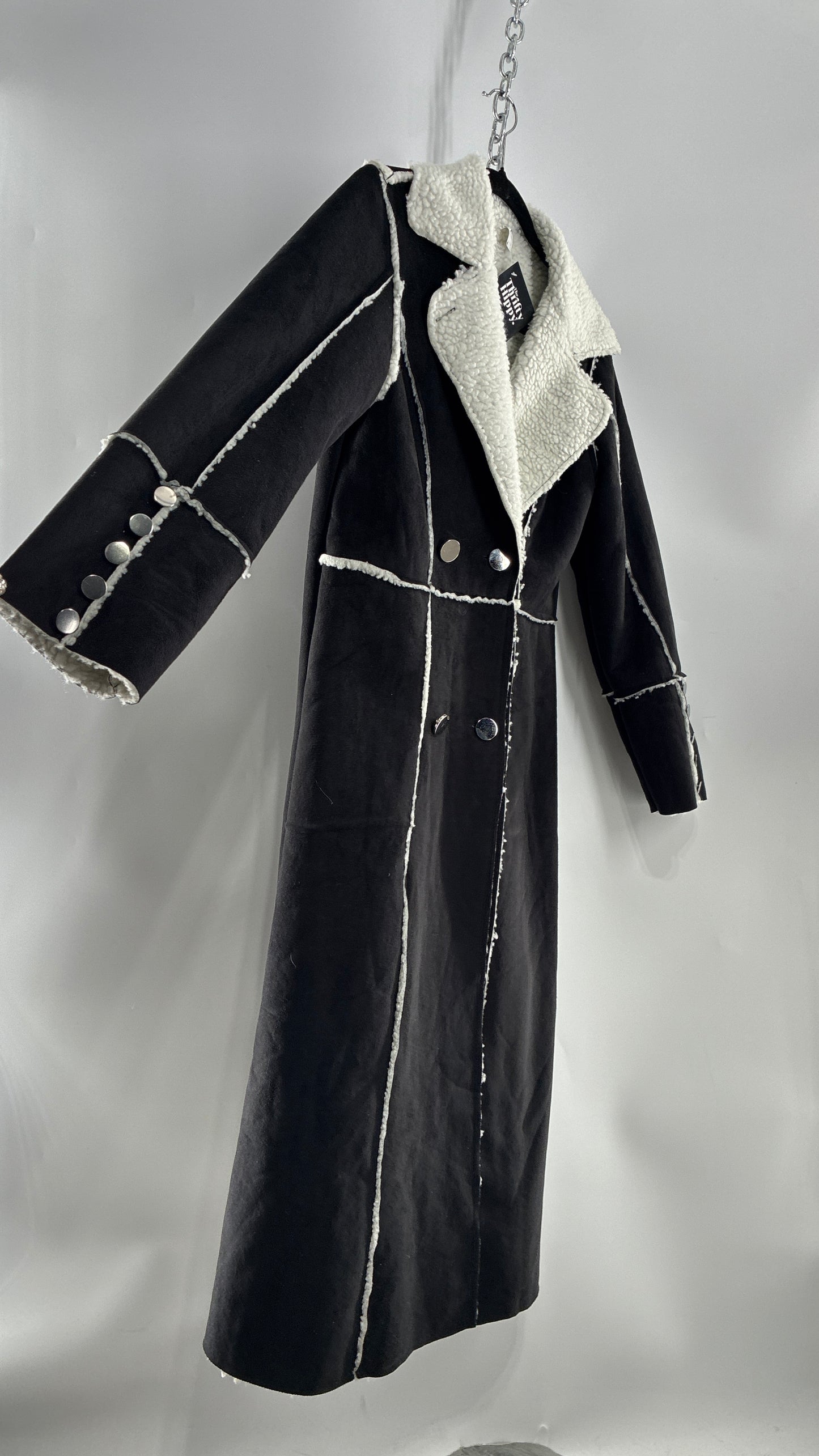 Vintage Black Vegan Suede Coat with Sherpa Lining (Medium)