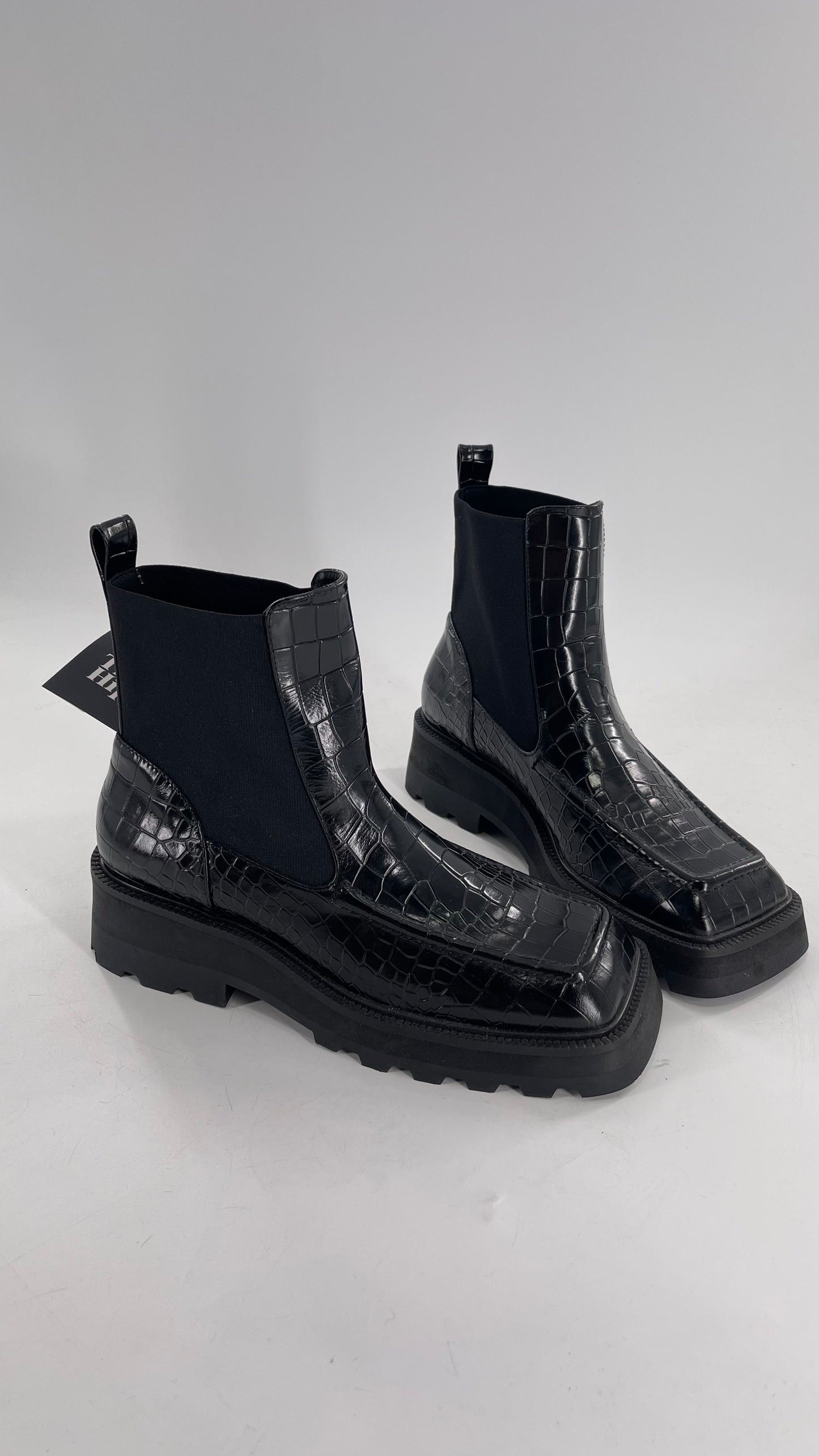 INTENTIONALLY Black Patent Crocodile Embossed Extreme Square Toe Boots (10)