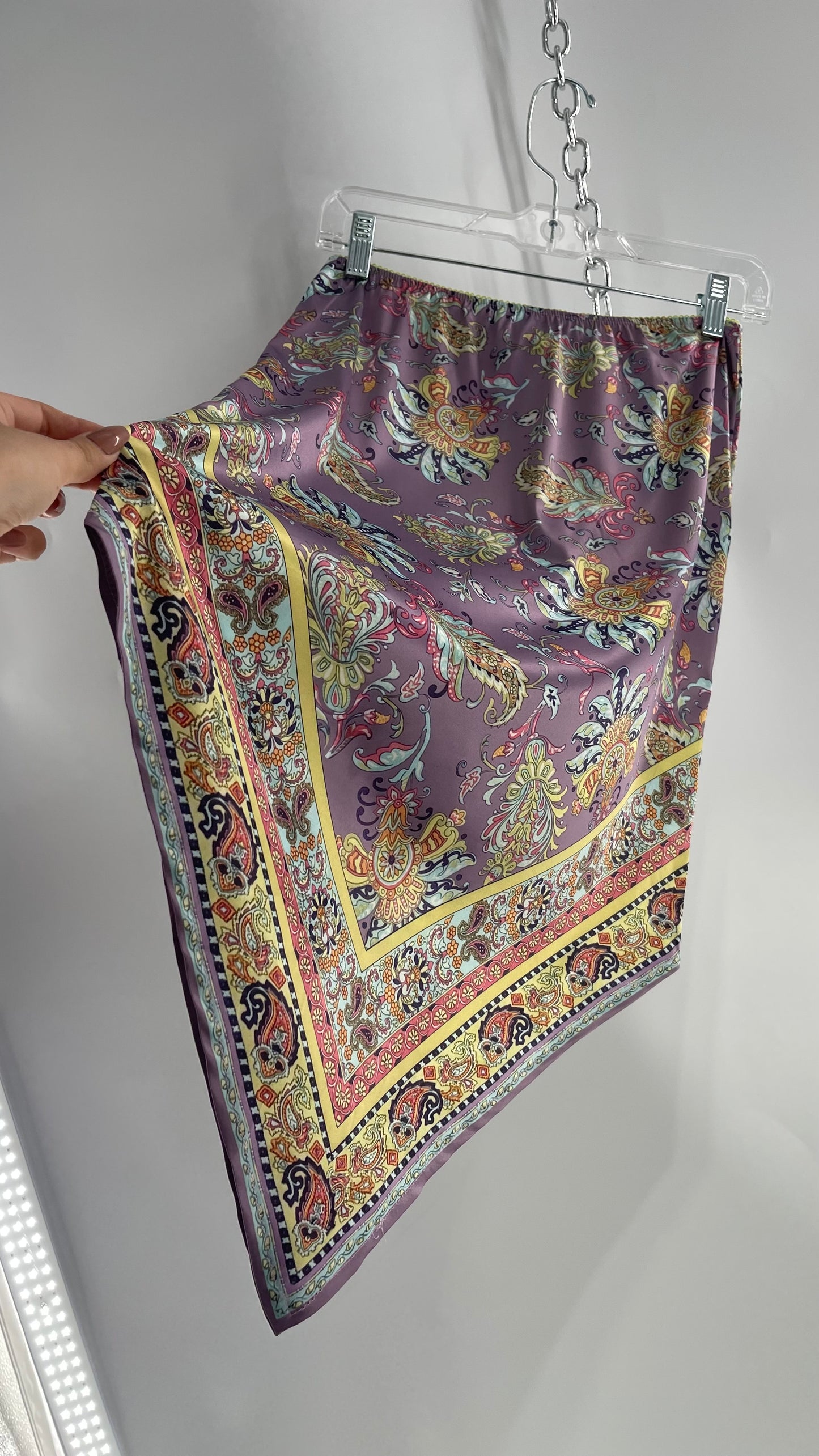 Urban Outfitters Lavender Satin Paisley Handkerchief Hem Skirt with Light Green Ribbon Waistline (Small)