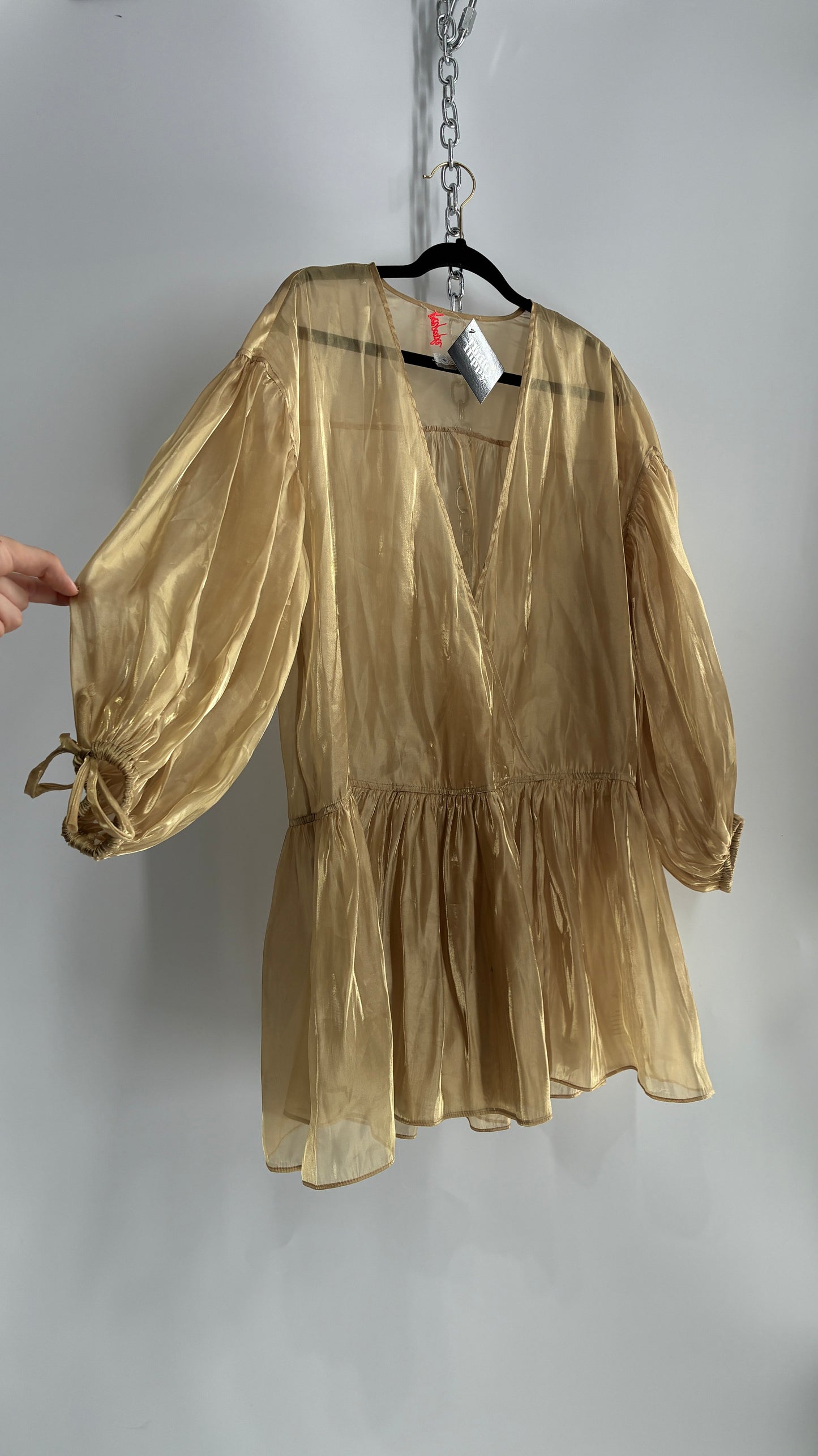 Free People Gold Voile Organza Drop Waist Bubble Sleeve Dress (Medium)