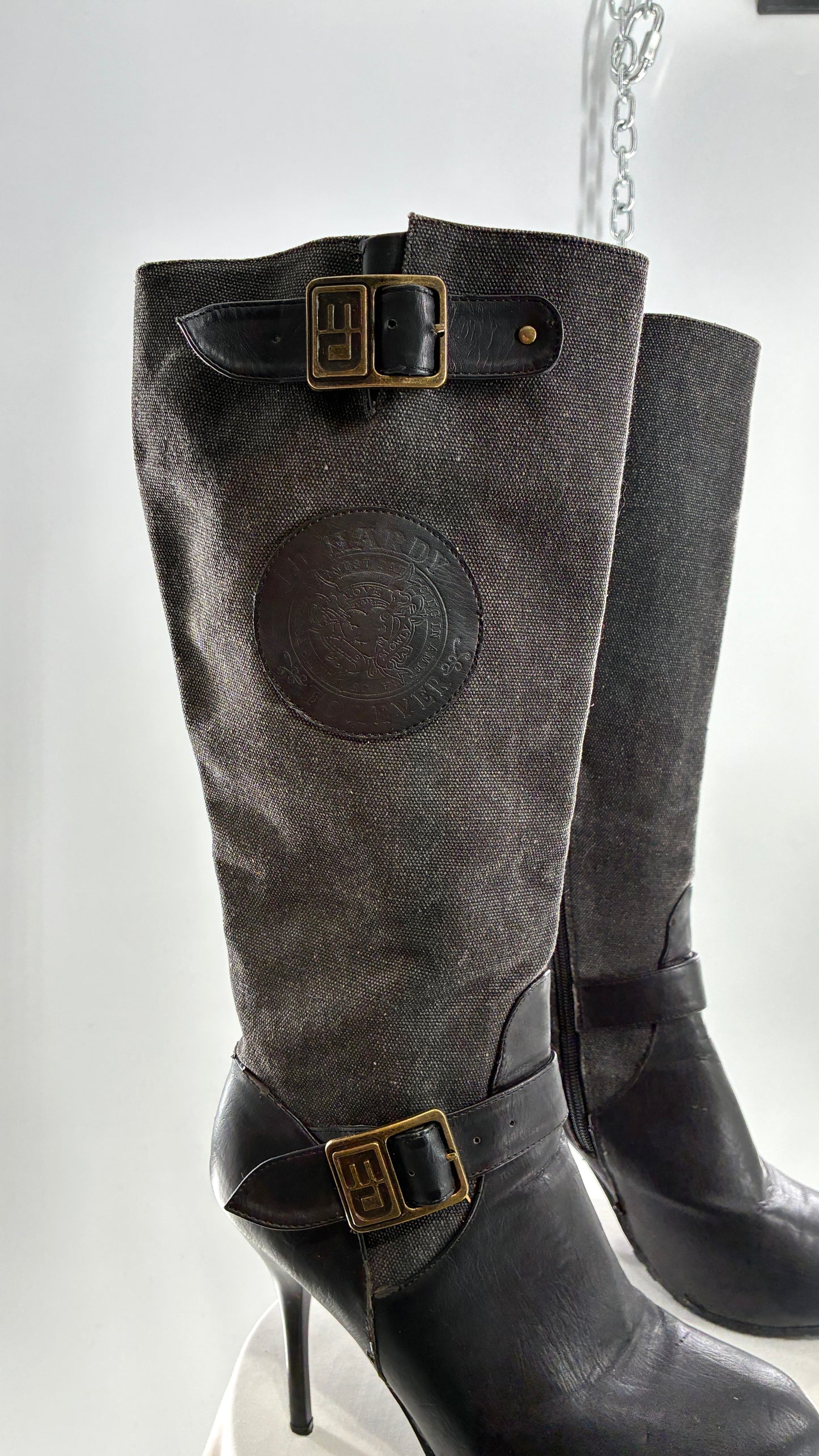 Vintage ED HARDY Stiletto Boots with Embossed Buckles and Badges (9)