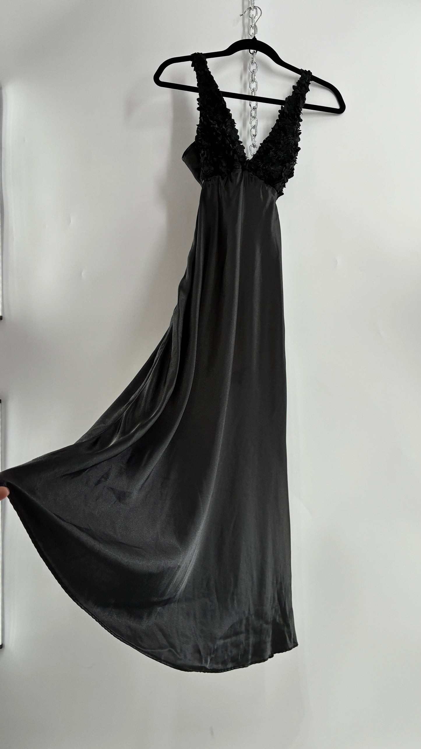 Vintage FLORA Black Slip Gown with Textured Floral Bust (Small)