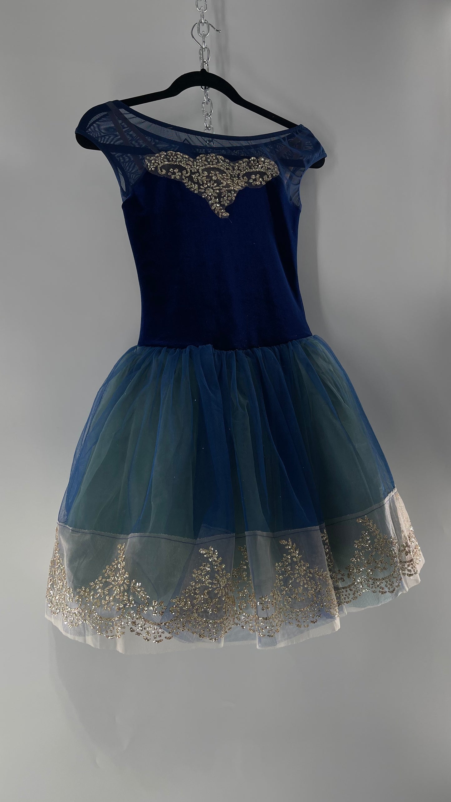 Midnight Muse Navy and Teal Mesh Tutu Skirt with Gold Glitter Hem Detailing (Medium)