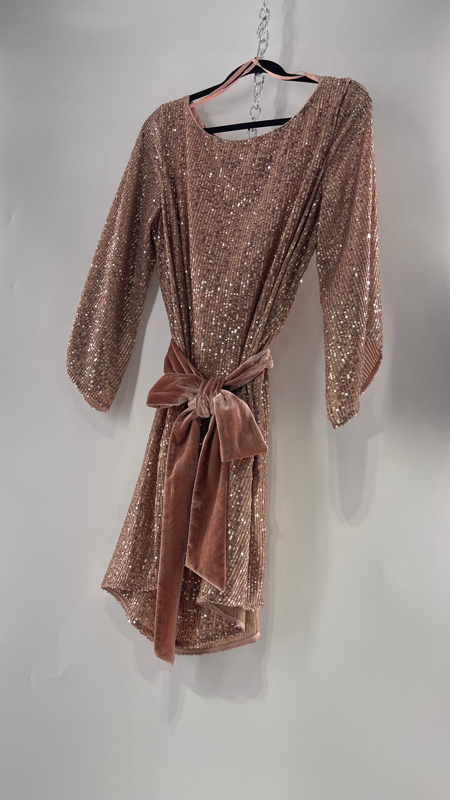 Anthropologie Rose Gold Sequin Dress with Velvet Waist Belt and Tags Attached (XL)