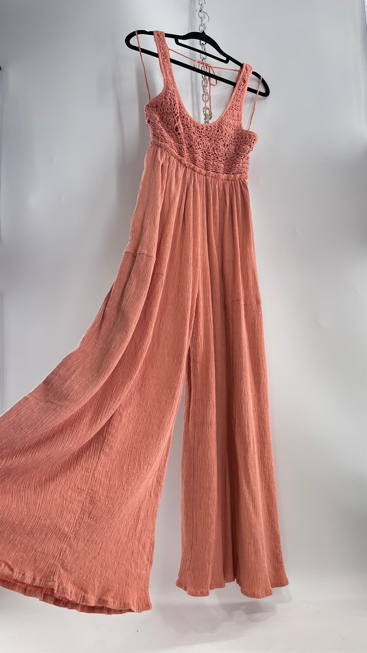 Free People Rose/Peach Pink Wide Leg Jumpsuit with Crochet Bust and Tags Attached (XS)