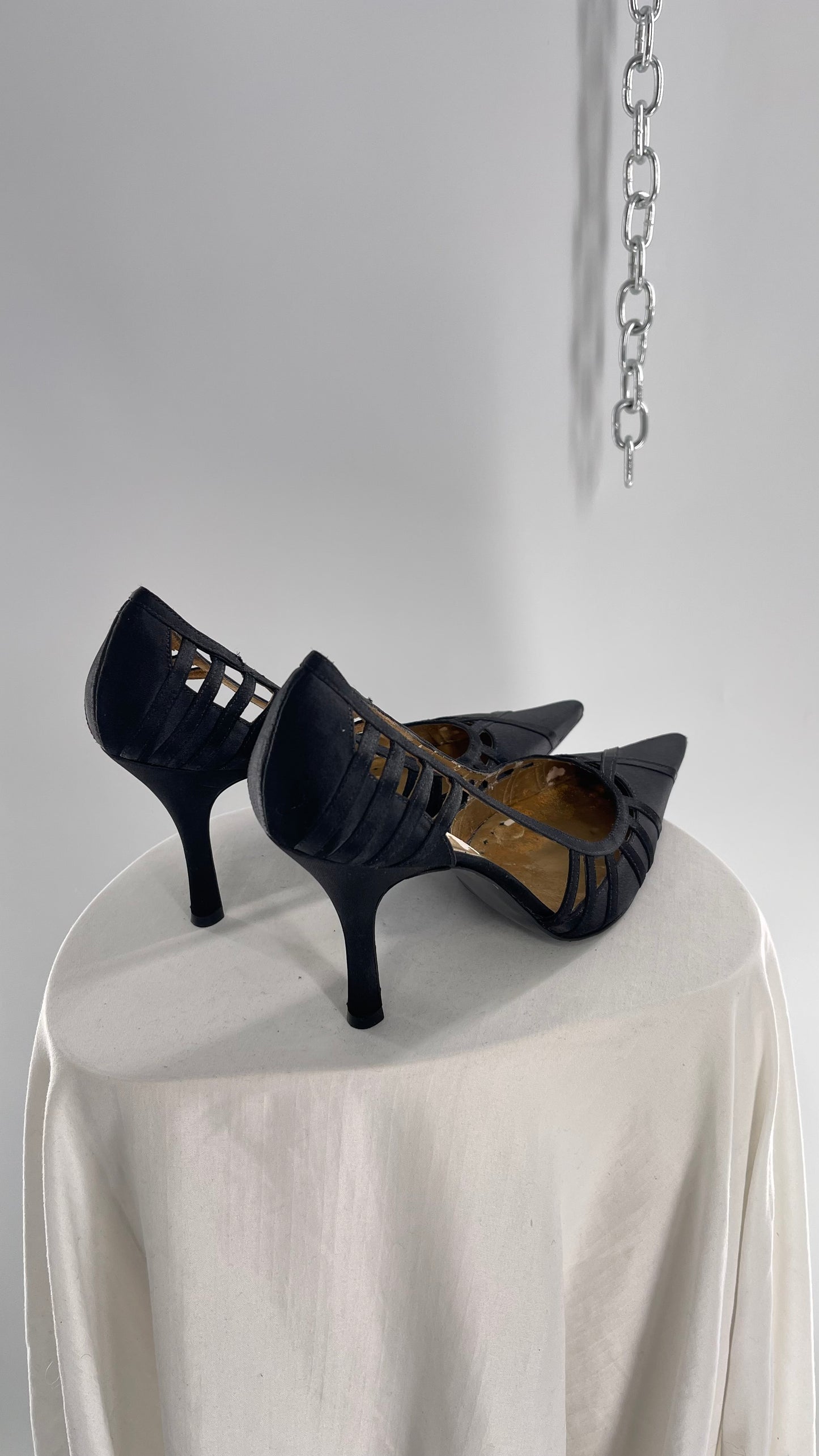 Vintage BCBGirls Black Satin Pointed Toe Heel with Strap Detailing (9.5)