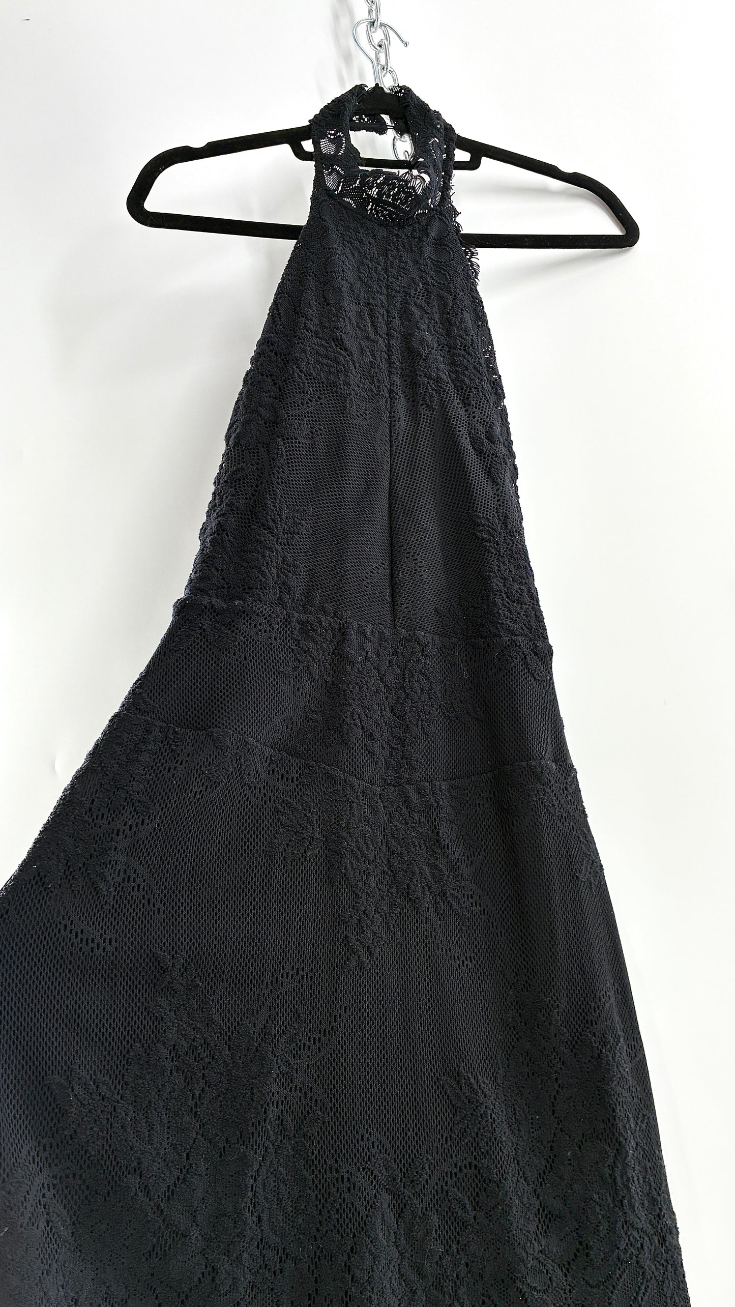 Free People Black Lace Halter Mini Dress with Open Back (Medium)
