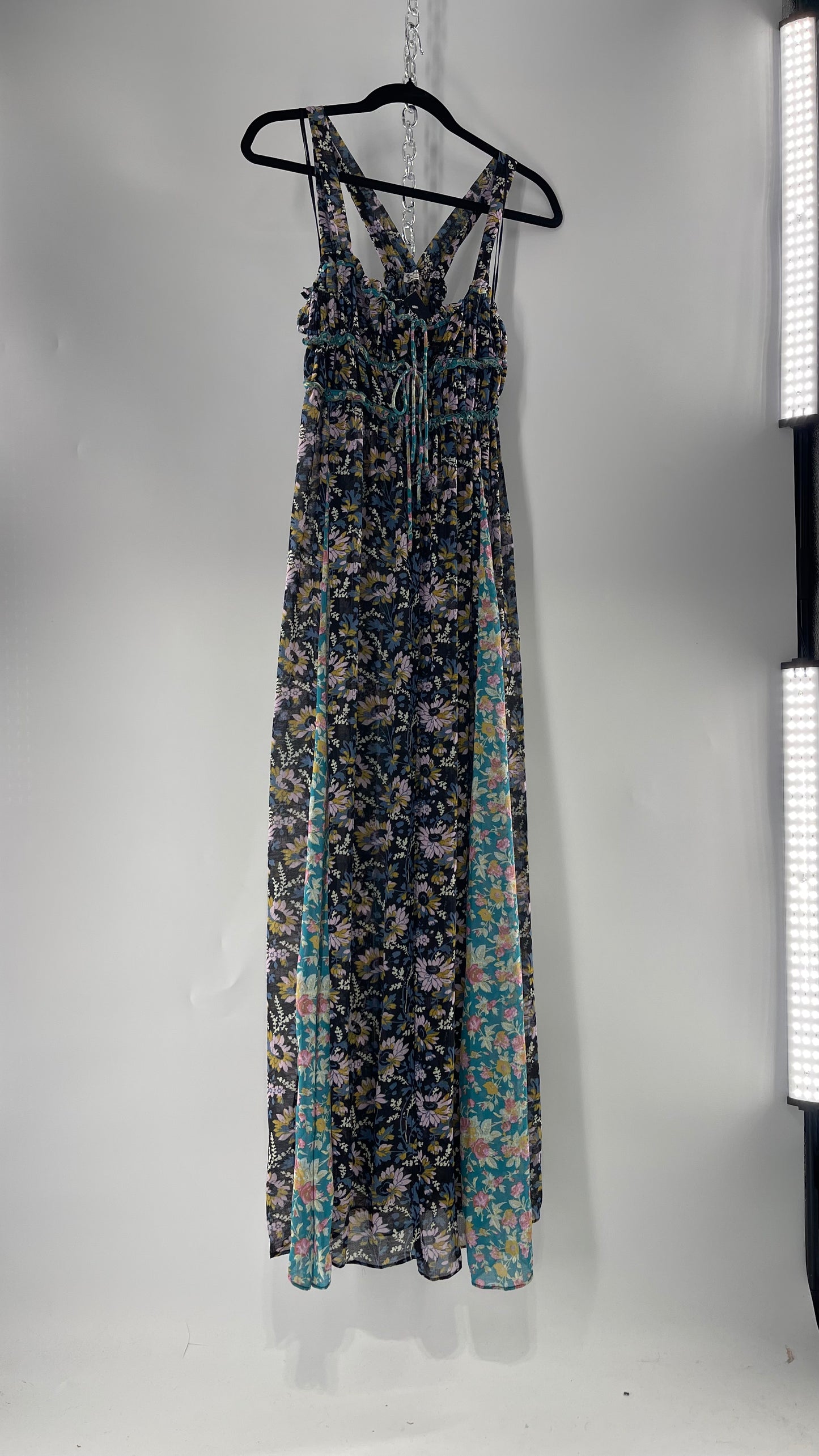 Intimately Free People Black and Teal Mixed Pattern Floral Maxi Dress with Tags Attached (XS)