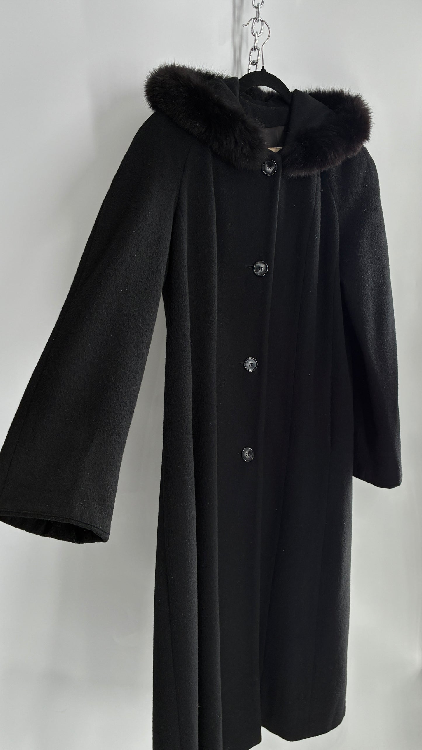 Vintage ANDREA COLLECTION Black Wool Blend Full Length Coat with Fur Trim Hood (12)