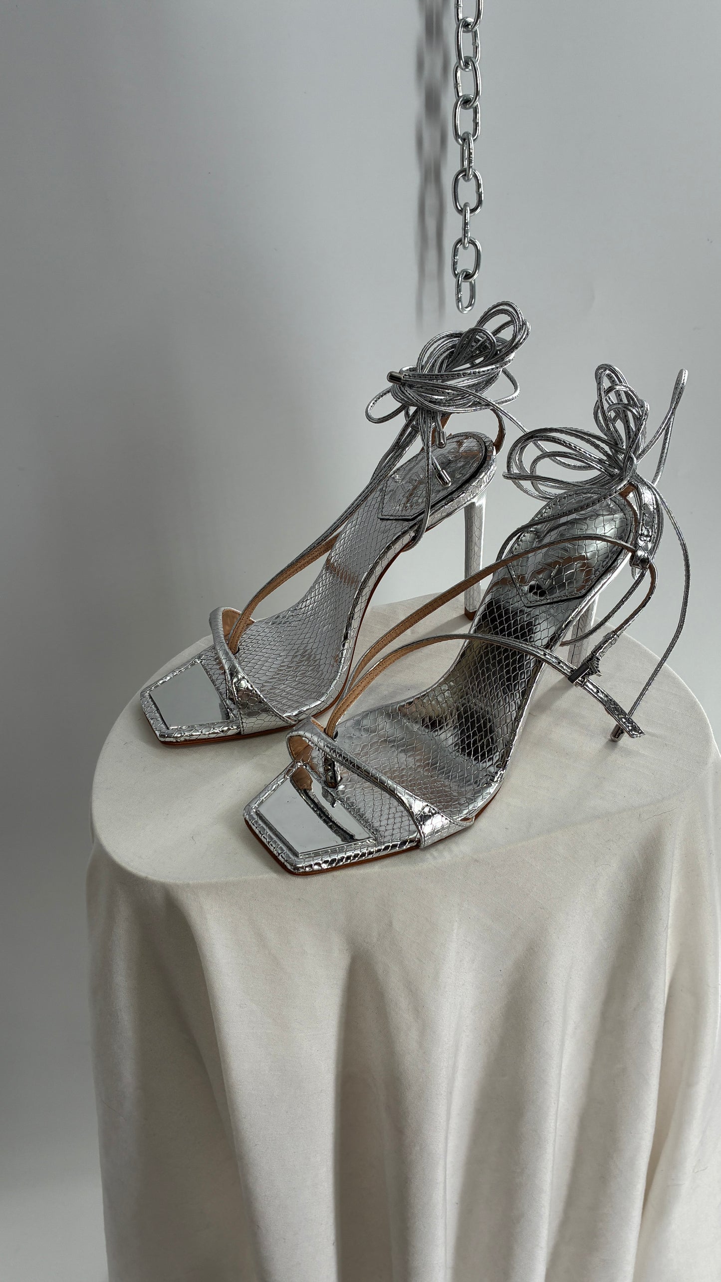 SCHÜTZ Silver Angular Tie Up Heels with Mirror Toe Detail (7)