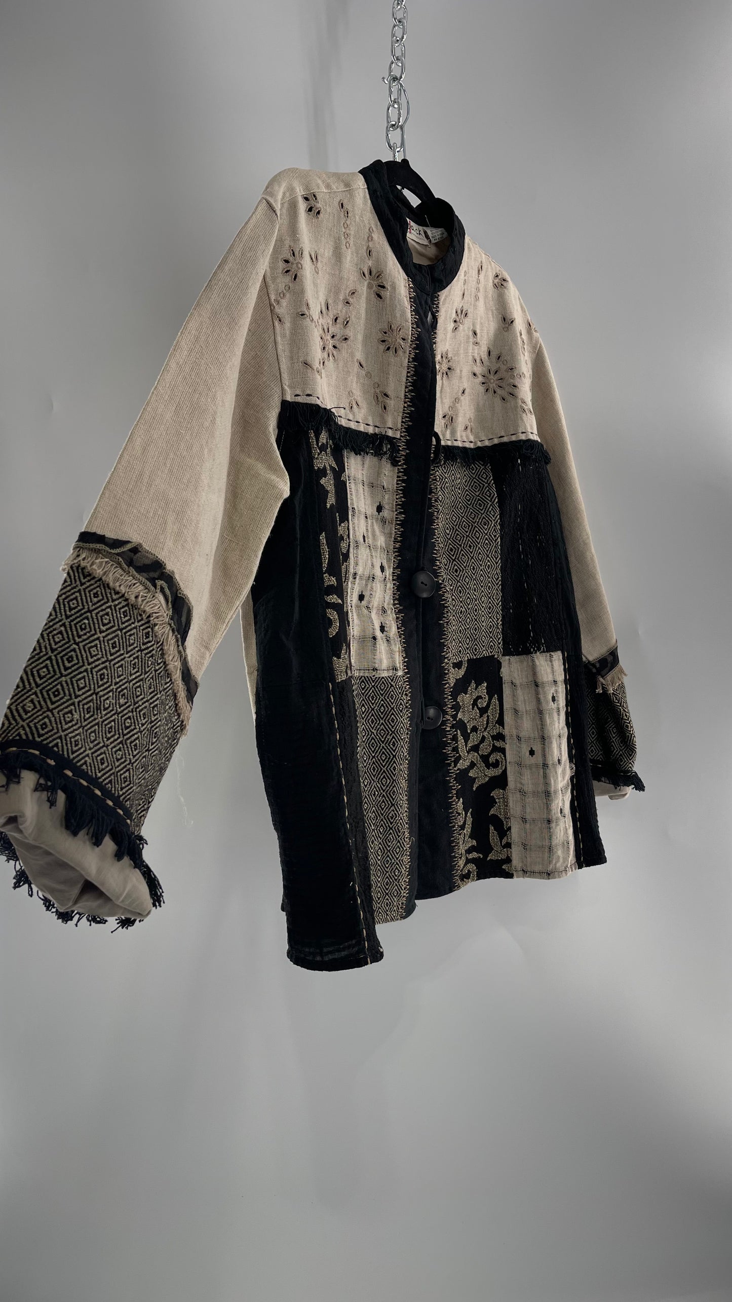 Deadstock Vintage Flashback Patchwork Coat with Mixed Neutral Fabrics, Embroidery and Fringe Details (Large)