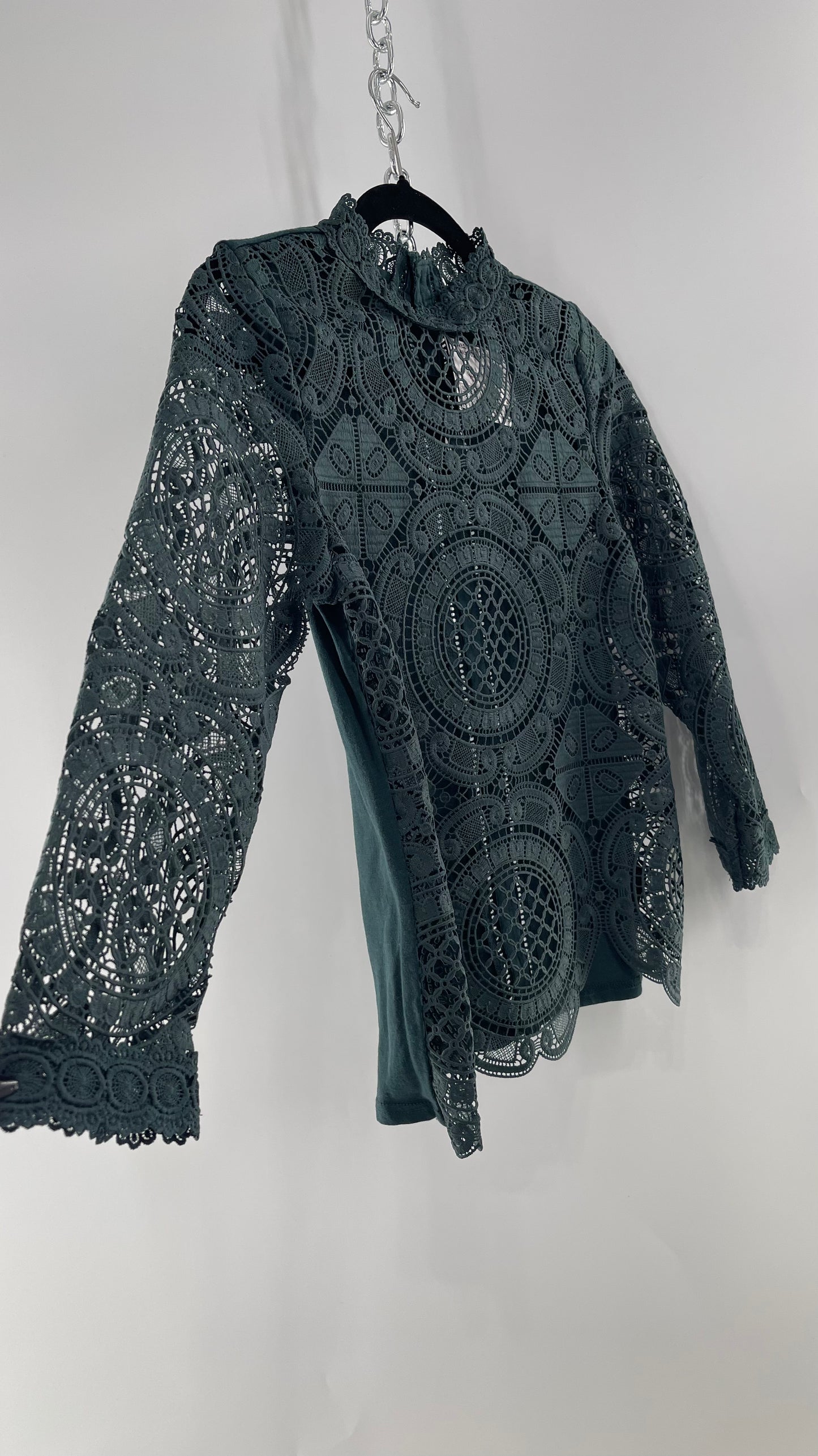 James Coviello New York Thick Lace Forest Green Blouse with Button Down Back (XS)